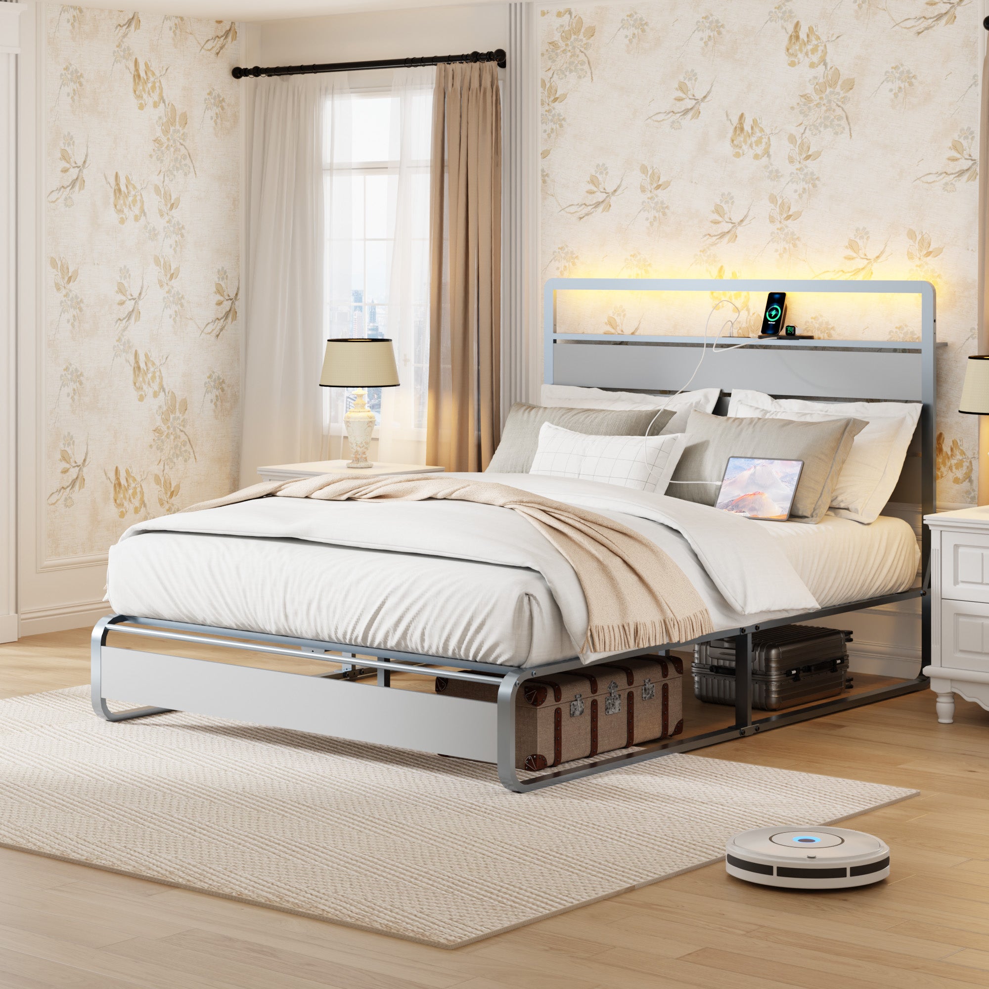 [variant:W5658P487004] Queen Metal Platform Bed with LED Lights & Charging Station – Silver image 10