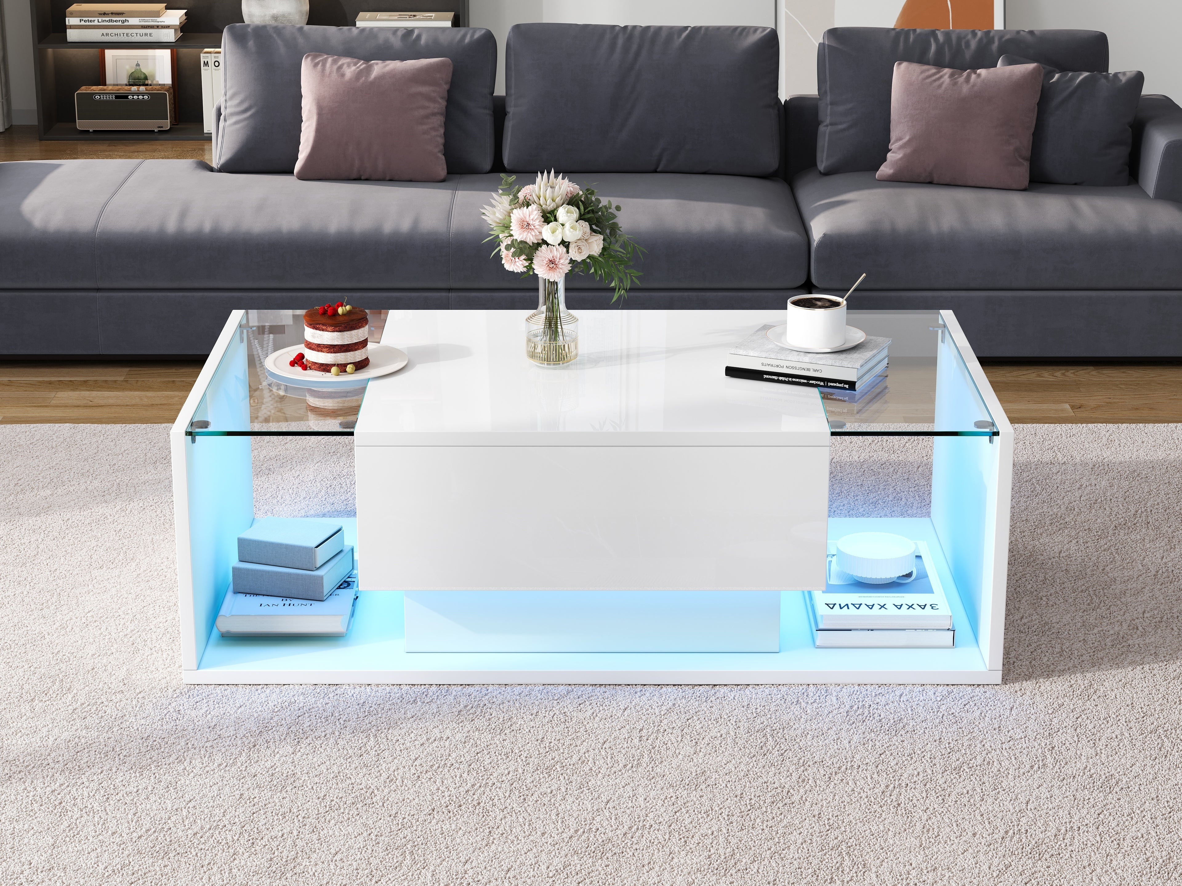 [variant:N892P423295W] High-Gloss LED Coffee Table with Drawer and Glass Top image 7
