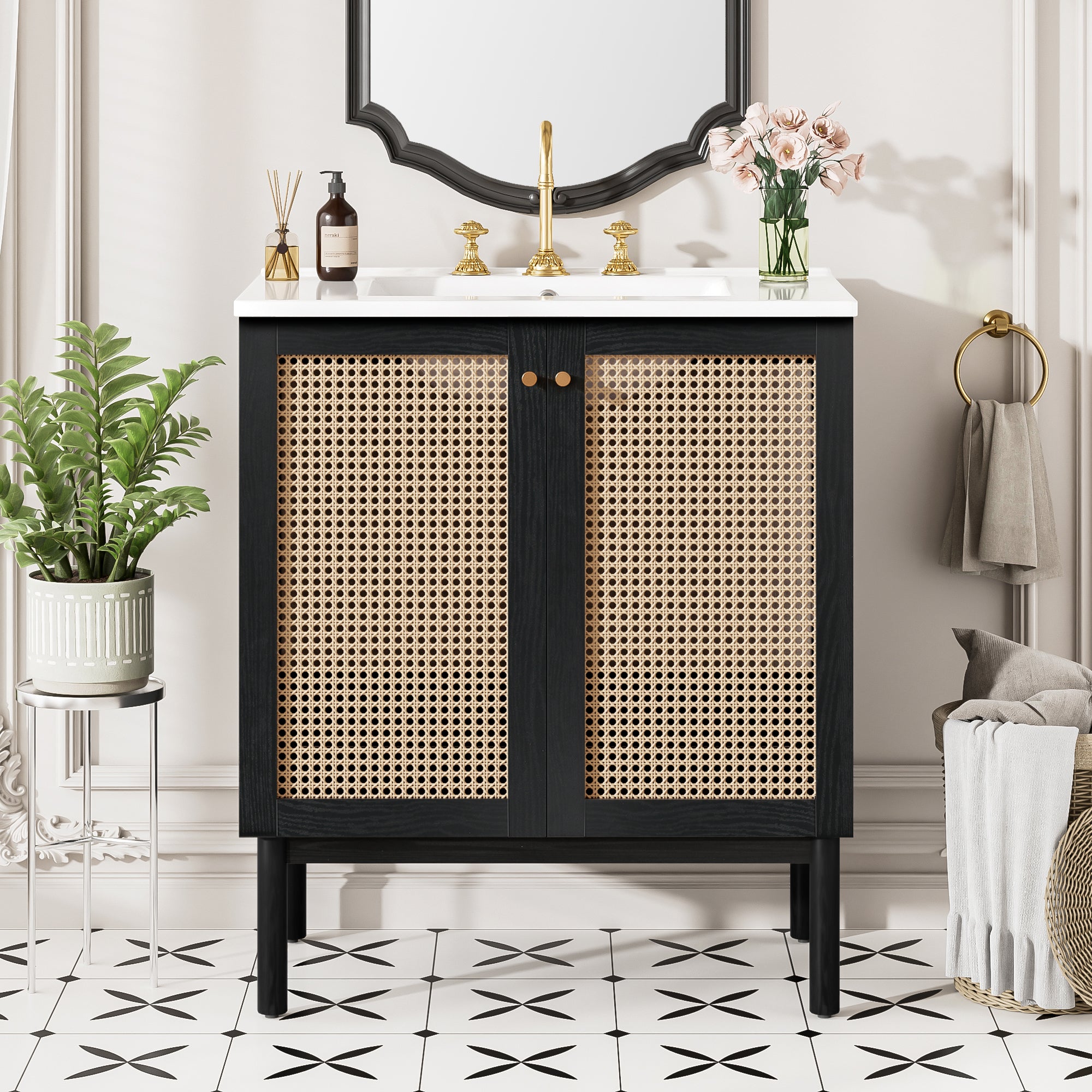 [variant:N729P285517B] Rattan-Door Bathroom Vanity with Sink – 30-Inch image 1