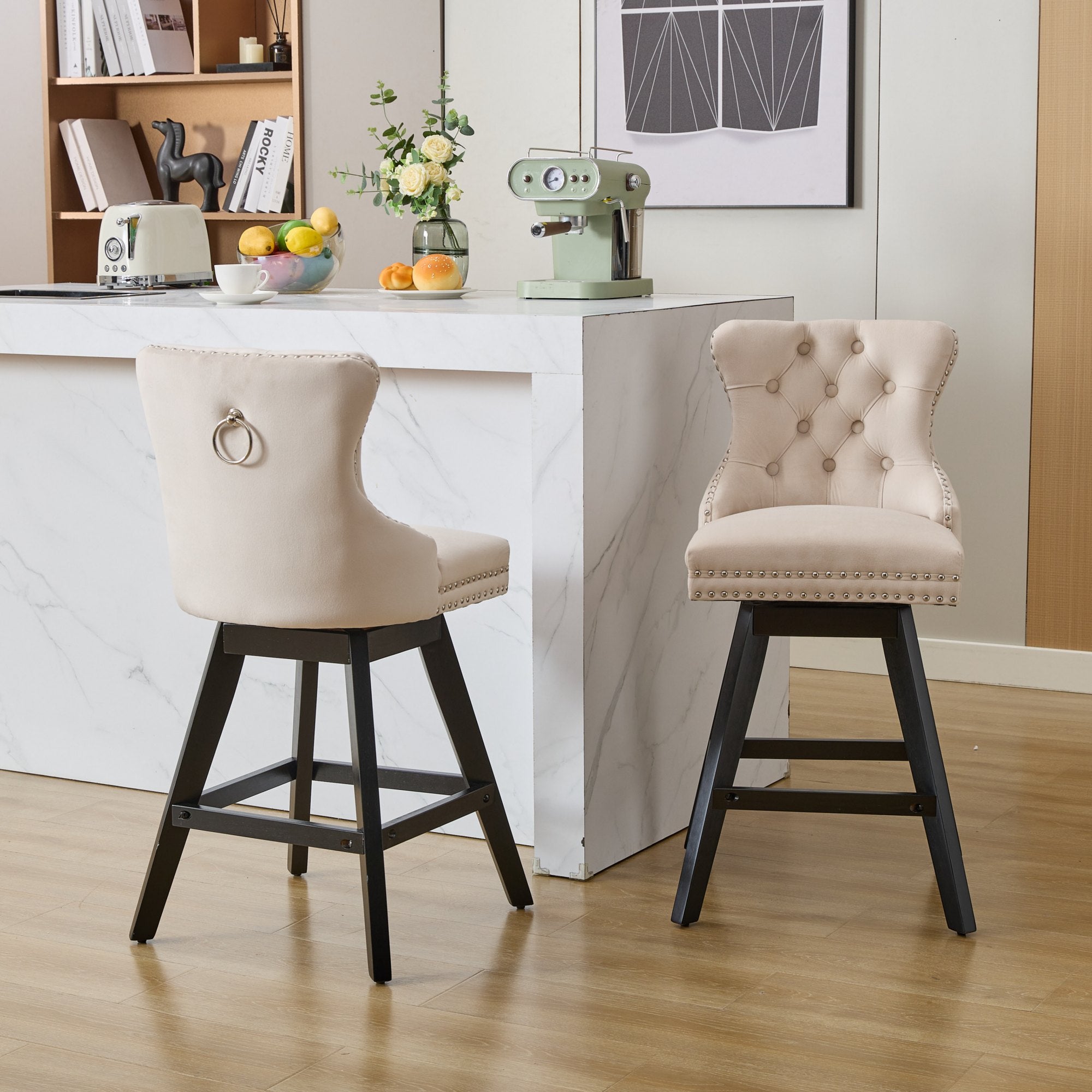 [variant:W5755P512968] Set of 2 Beige Velvet Swivel Bar Stools image 17