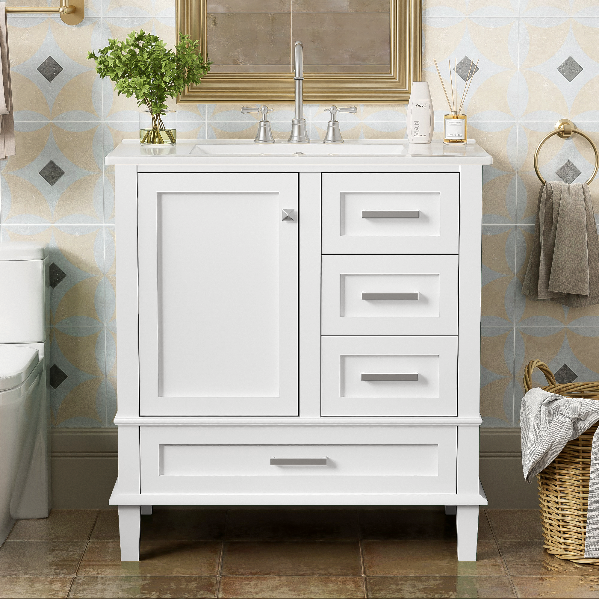 [variant:N848P255604K] Bathroom Vanity with Ceramic Sink – 30-Inch – White image 2