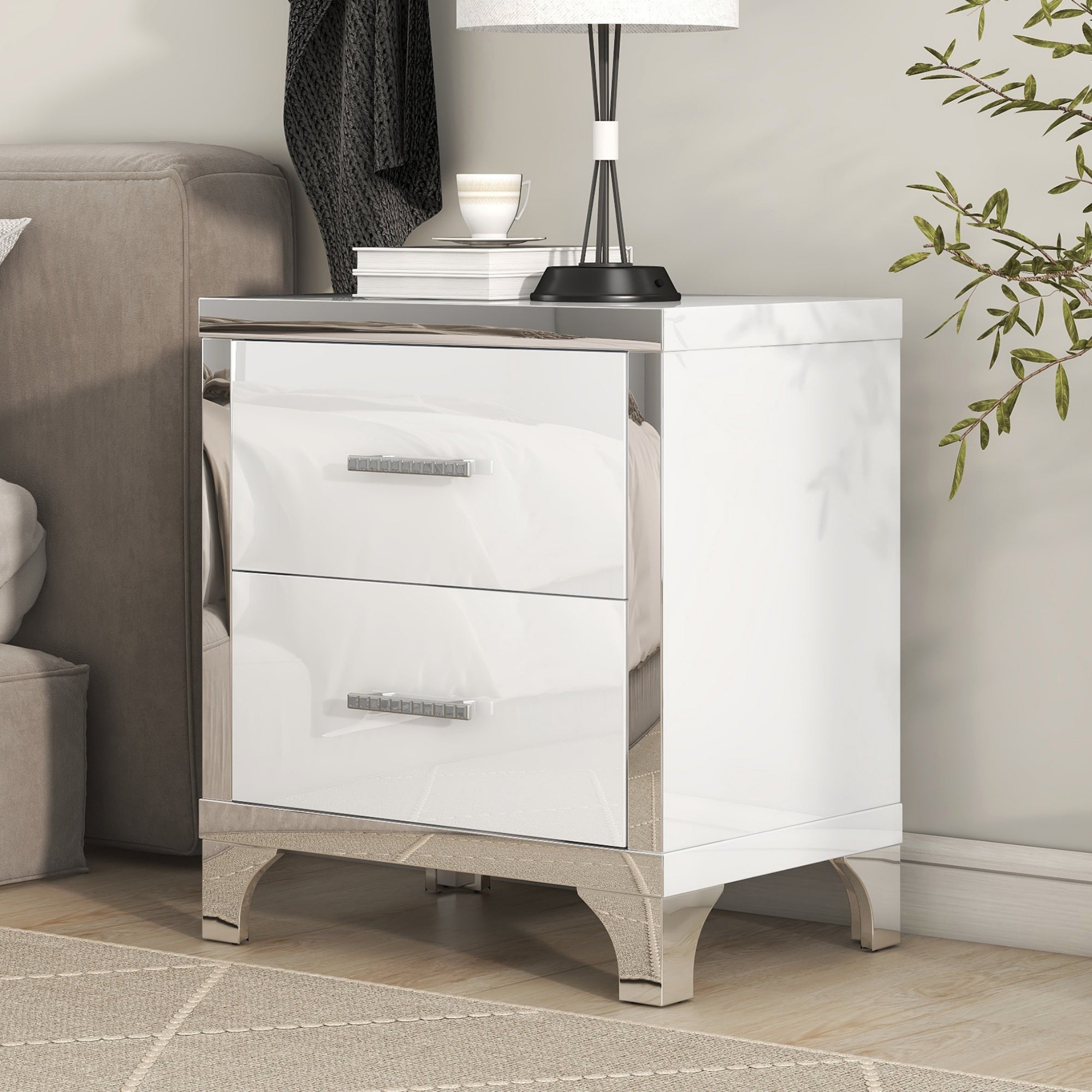 [variant:N854P404609K] High-Gloss Mirrored 2-Drawer Nightstand – White image 1