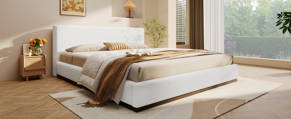 [variant:N891Q440165A] Queen Bouclé Platform Bed with Solid Wood Base – White image 18