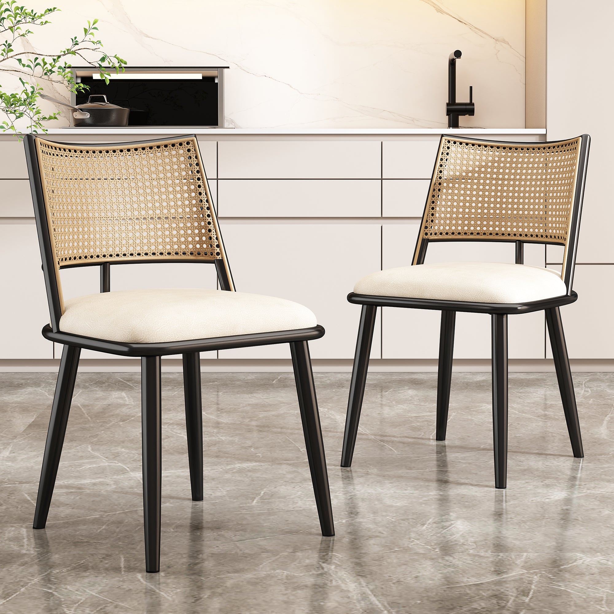 [variant:N859P374641S] Minimalist Rattan-Back Dining Chairs – Sets of 2, 4 or 6 – Black+Natural image 1