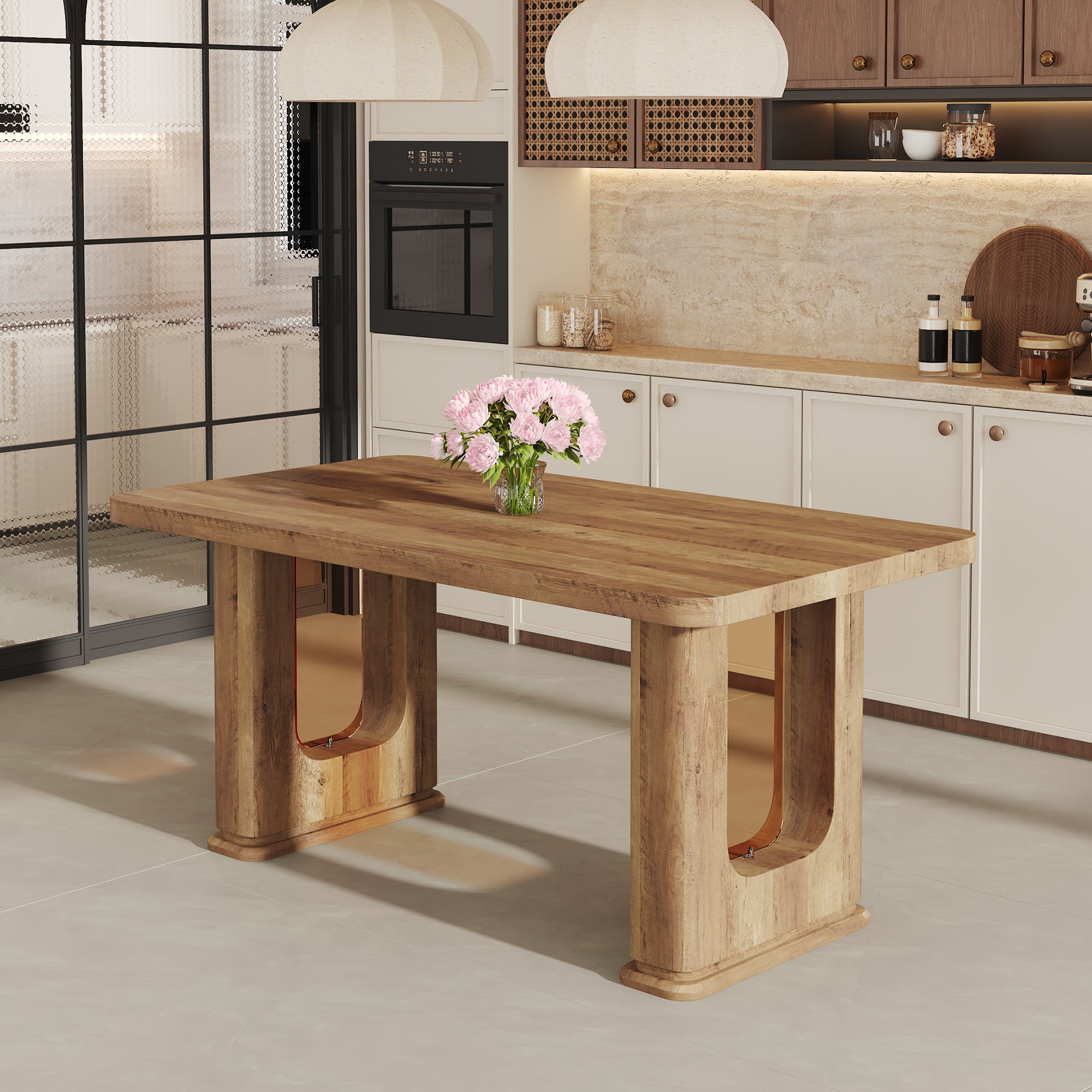 [variant:W3806S00012] Wood-Grain U-Leg Dining Table – 64.5-Inch image 1