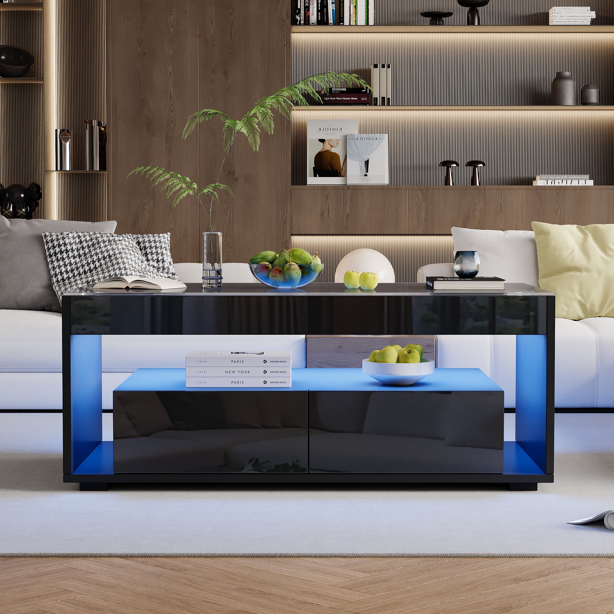 [variant:N892P428787B] High-Gloss LED Coffee Table with Glass Top and Drawers image 33