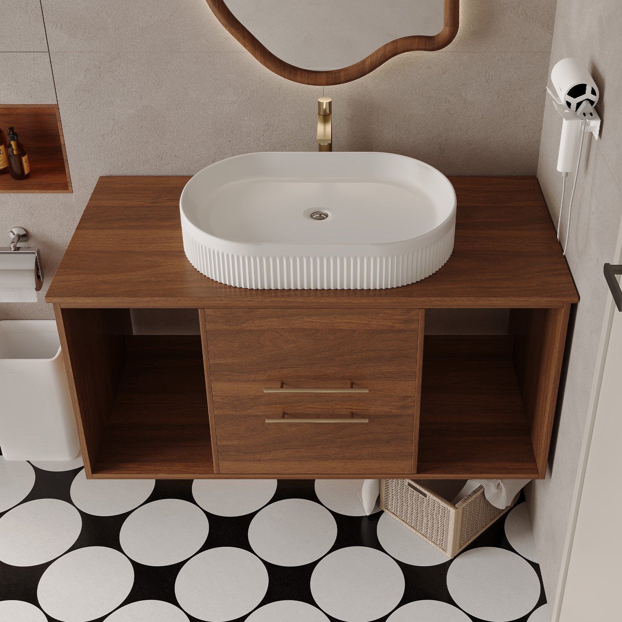 [variant:W5307S00007] Wall-Mounted Bathroom Vanity with Oval Ceramic Sink – 39.4-Inch image 3