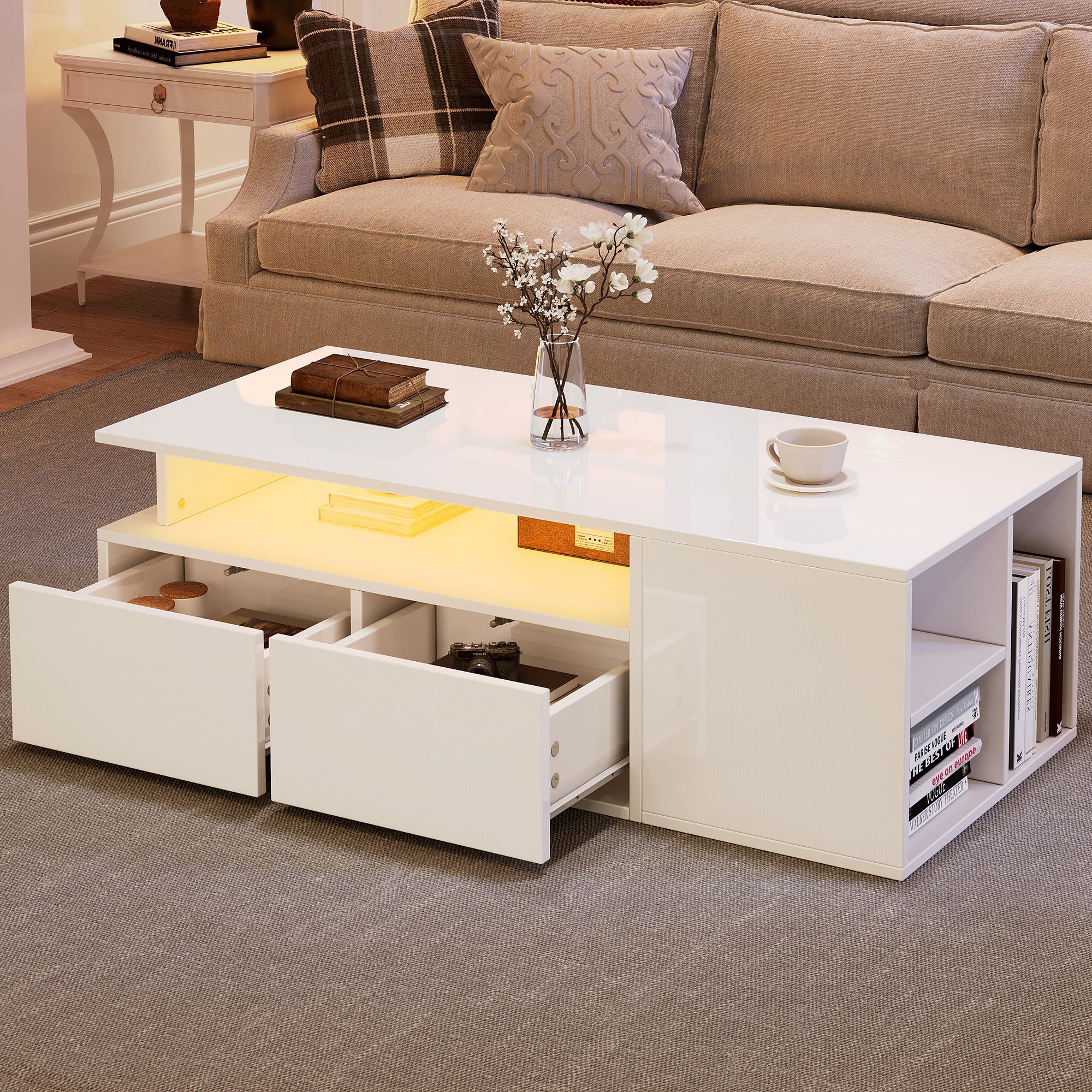 [variant:N892P428788W] High-Gloss LED Coffee Table with Open Storage image 1