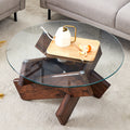 [variant:W3806P404749] Round Glass Coffee Table with Walnut-Finish Base – 33.4-Inch image 1