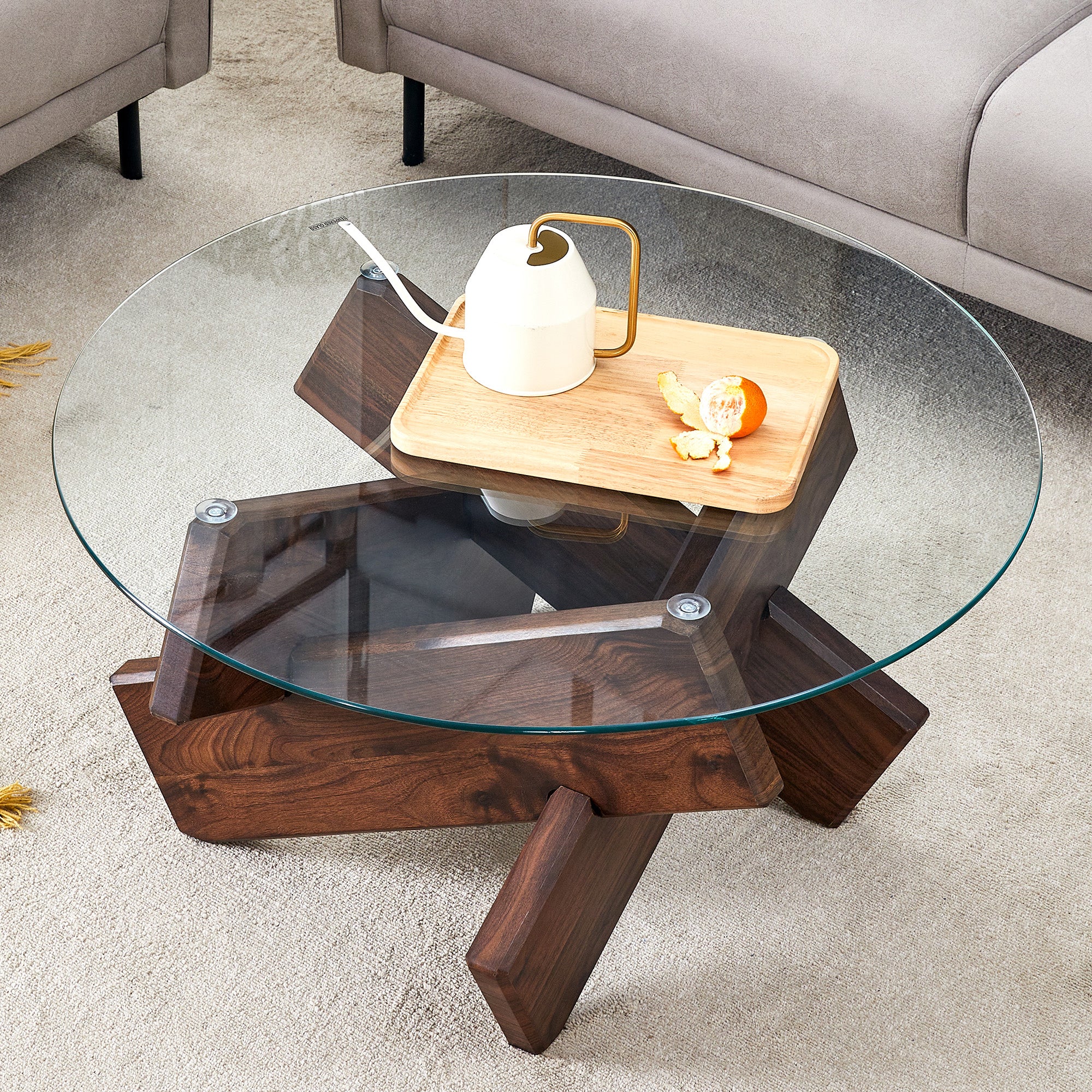 [variant:W3806P404749] Round Glass Coffee Table with Walnut-Finish Base – 33.4-Inch image 1