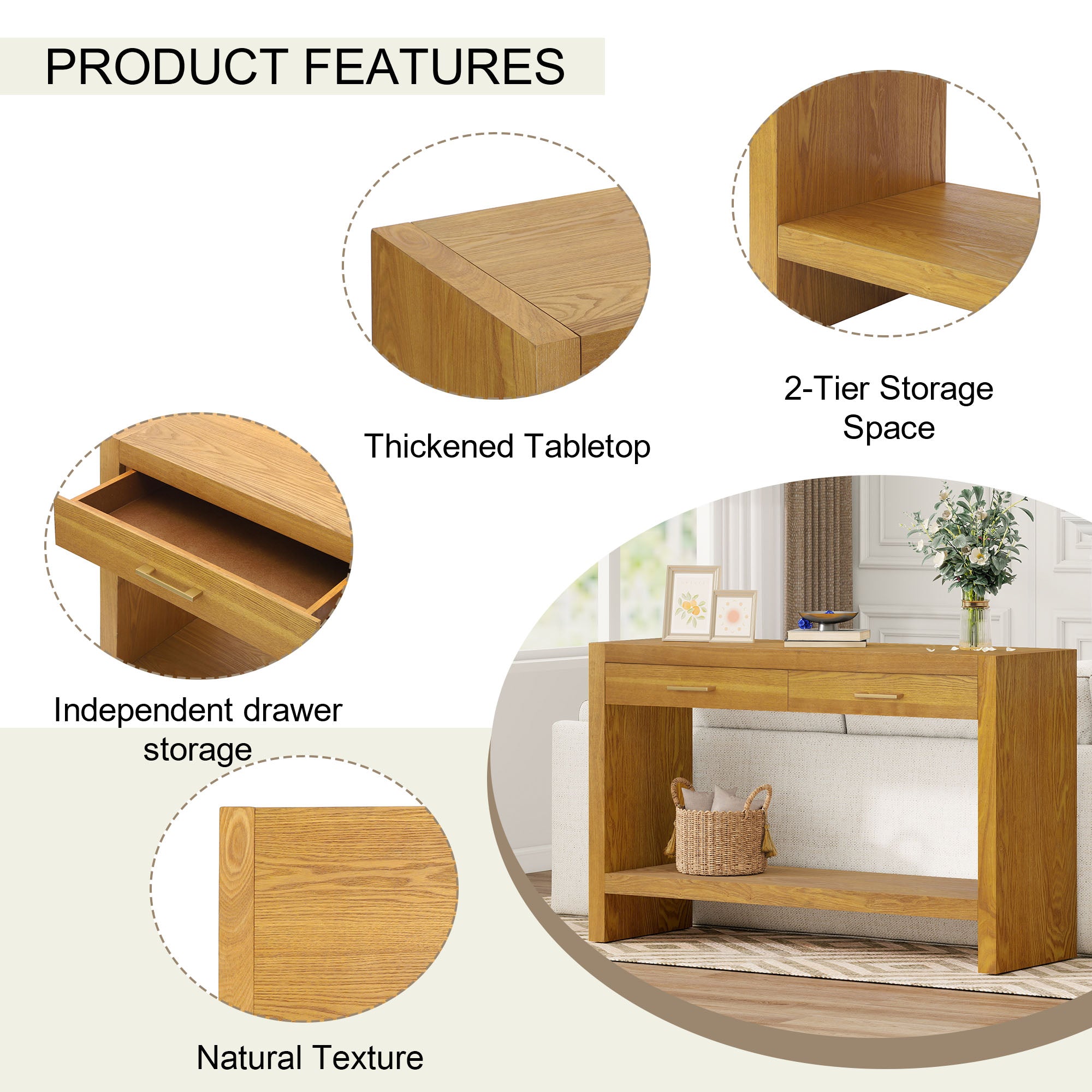 Farmhouse Console Table with Drawers & Storage Shelf — [variant:N876P351923D] Natural image 3