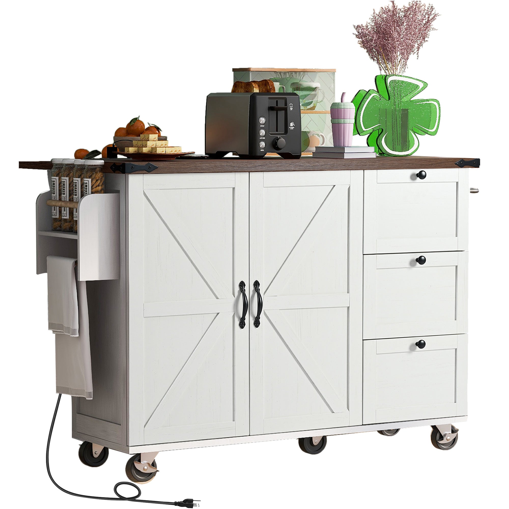 [variant:N853P379579W] Farmhouse Rolling Kitchen Island with Drop Leaf – White, 54.5-Inch image 36