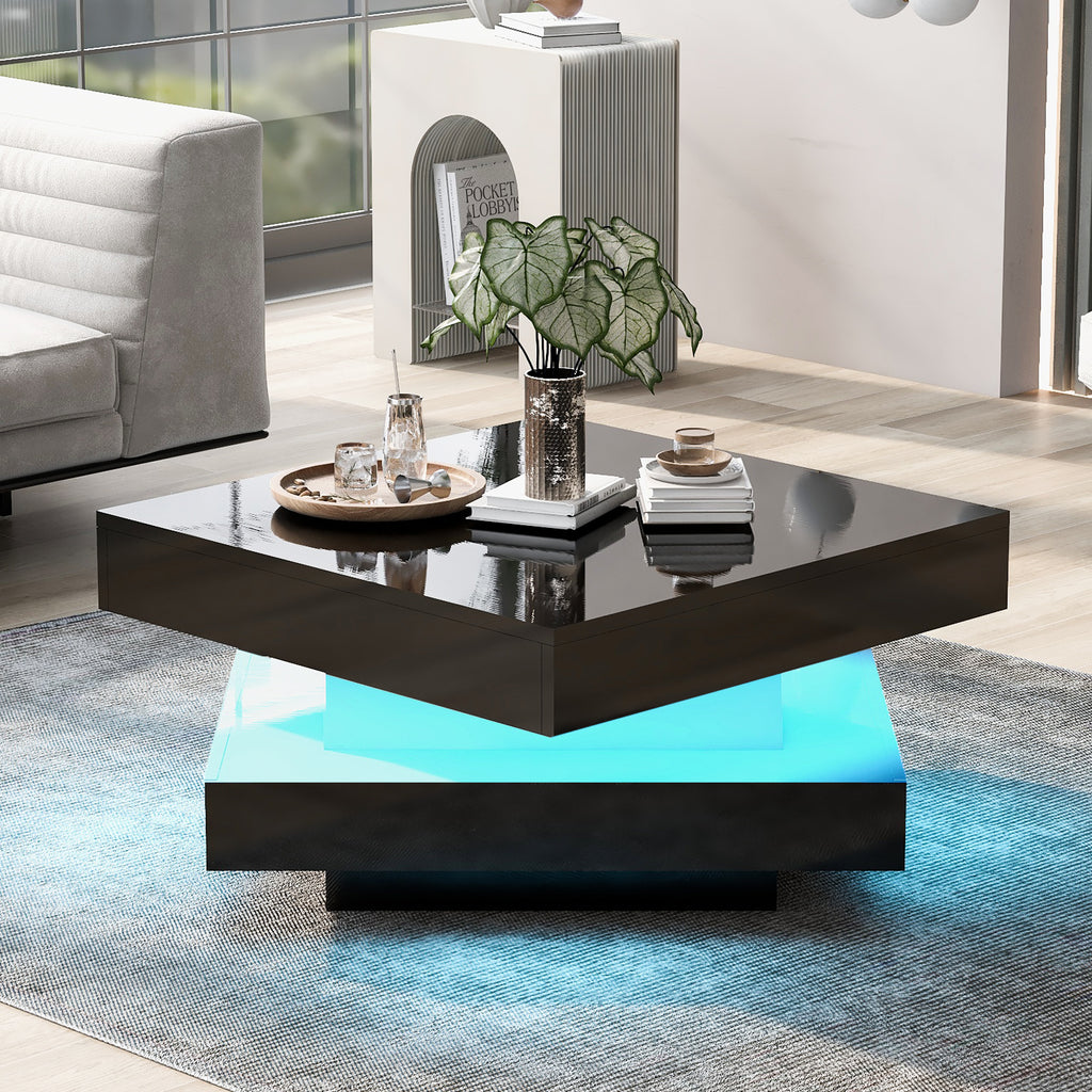 [variant:N892P423297B] Square High-Gloss LED Coffee Table with Rotating Top image 1