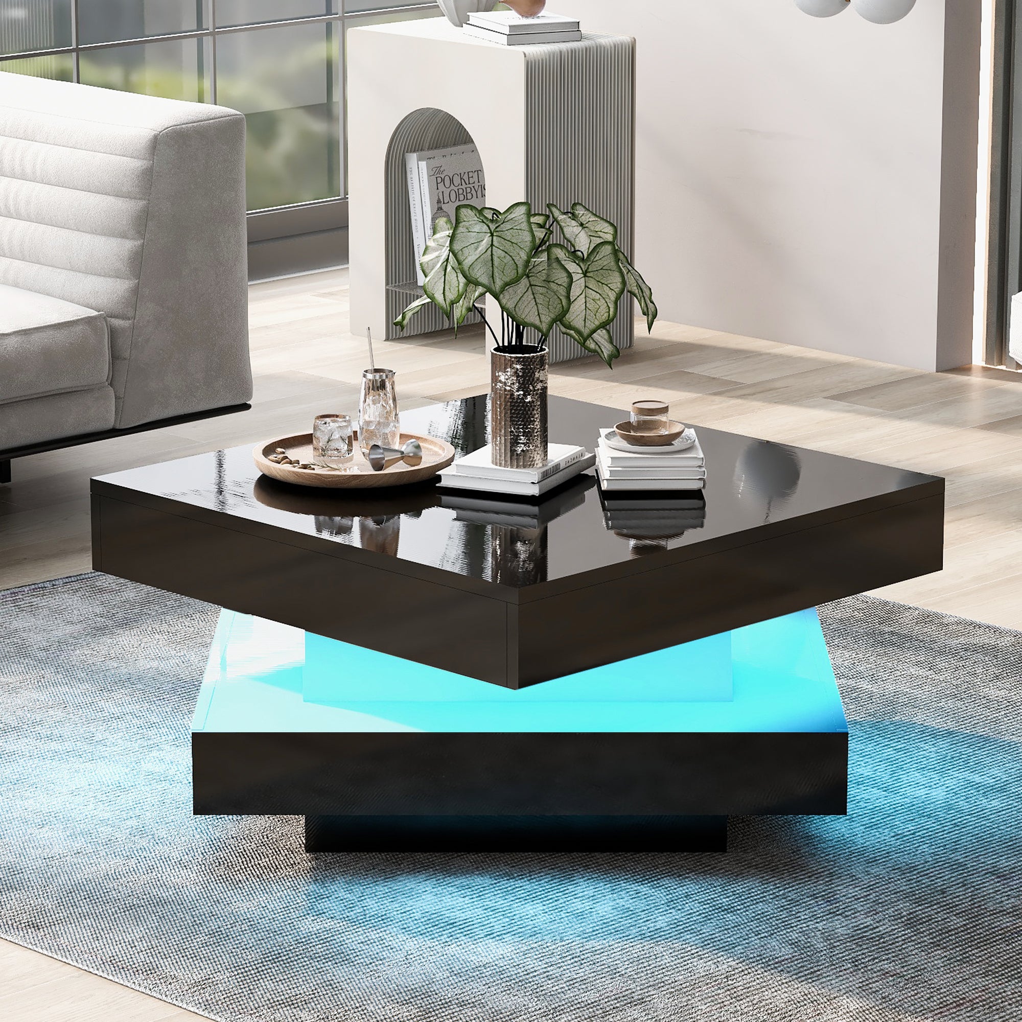 [variant:N892P423297B] Square High-Gloss LED Coffee Table with Rotating Top image 1