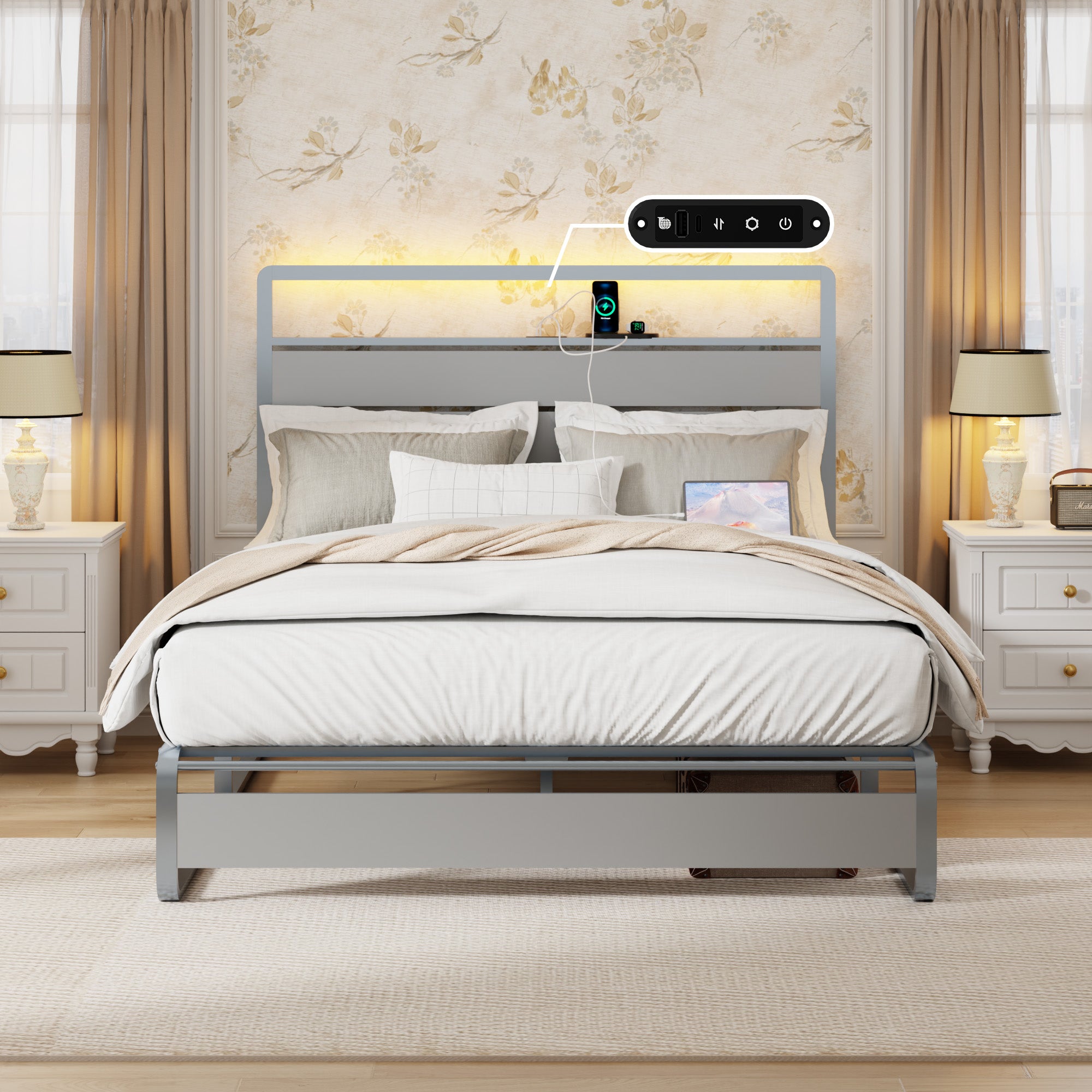 [variant:W5658P487004] Queen Metal Platform Bed with LED Lights & Charging Station – Silver image 1