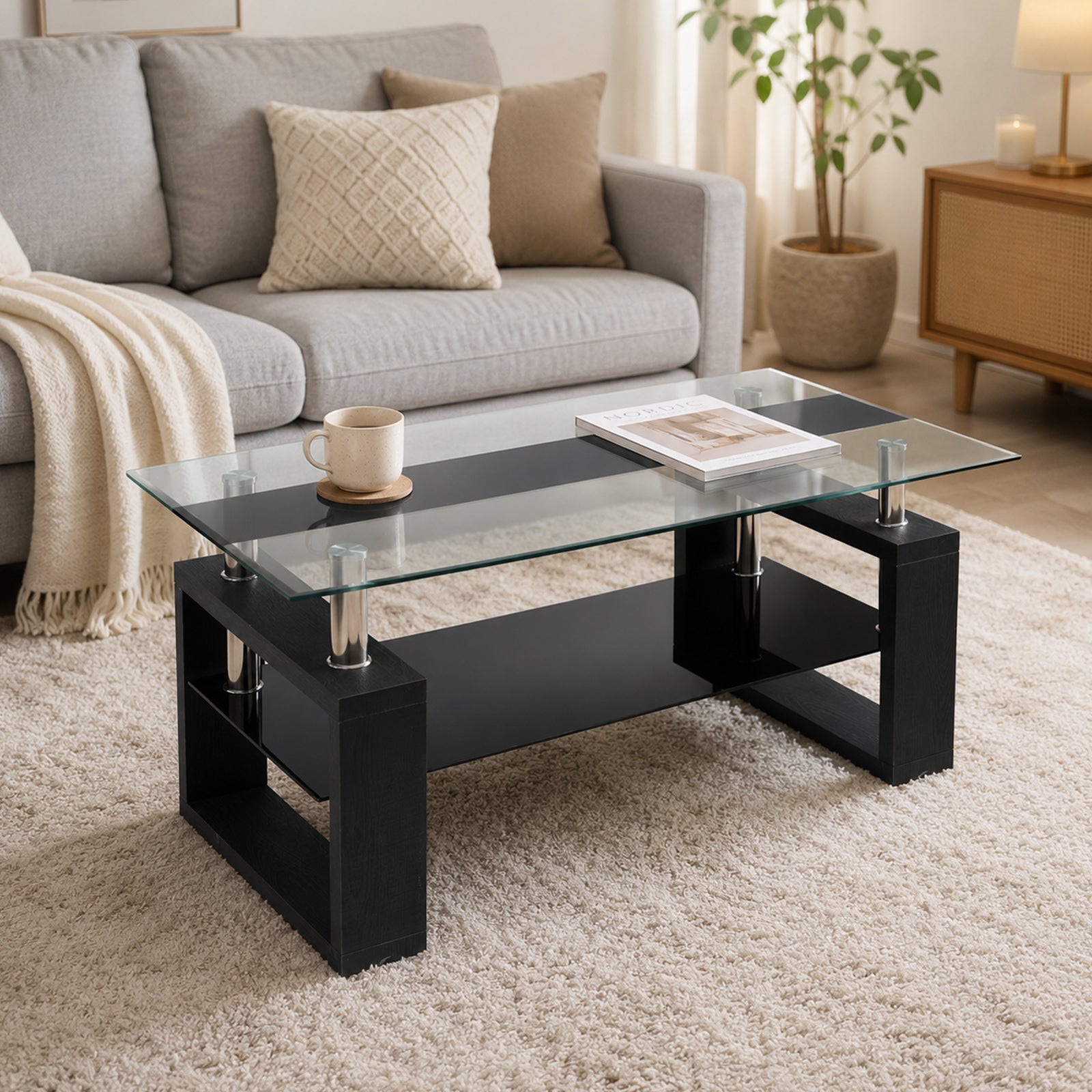 2-Tier Rectangular Tempered Glass Coffee Table — [variant:W3738P499155] Black image 4