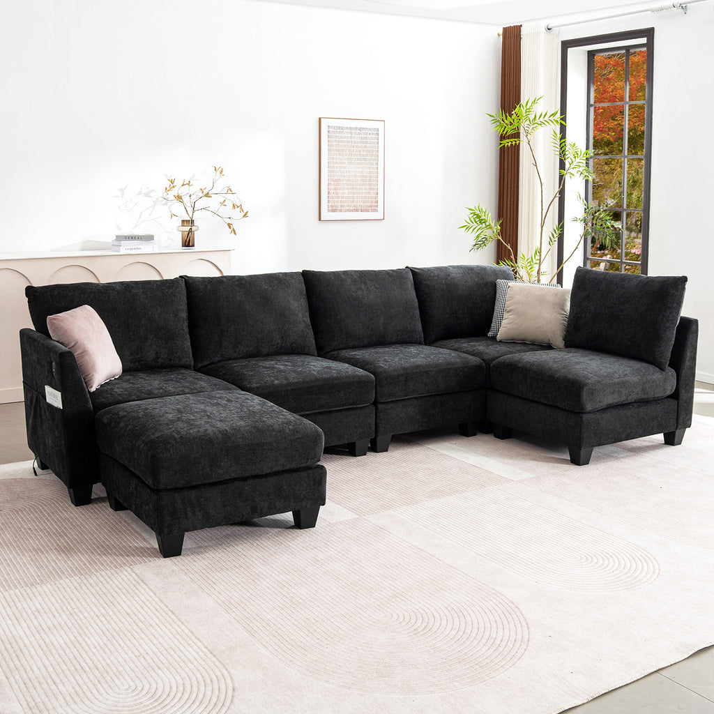[variant:W3885S00029] 6-Seater U-Shaped Modular Sofa with Storage Ottoman & USB Ports image 7