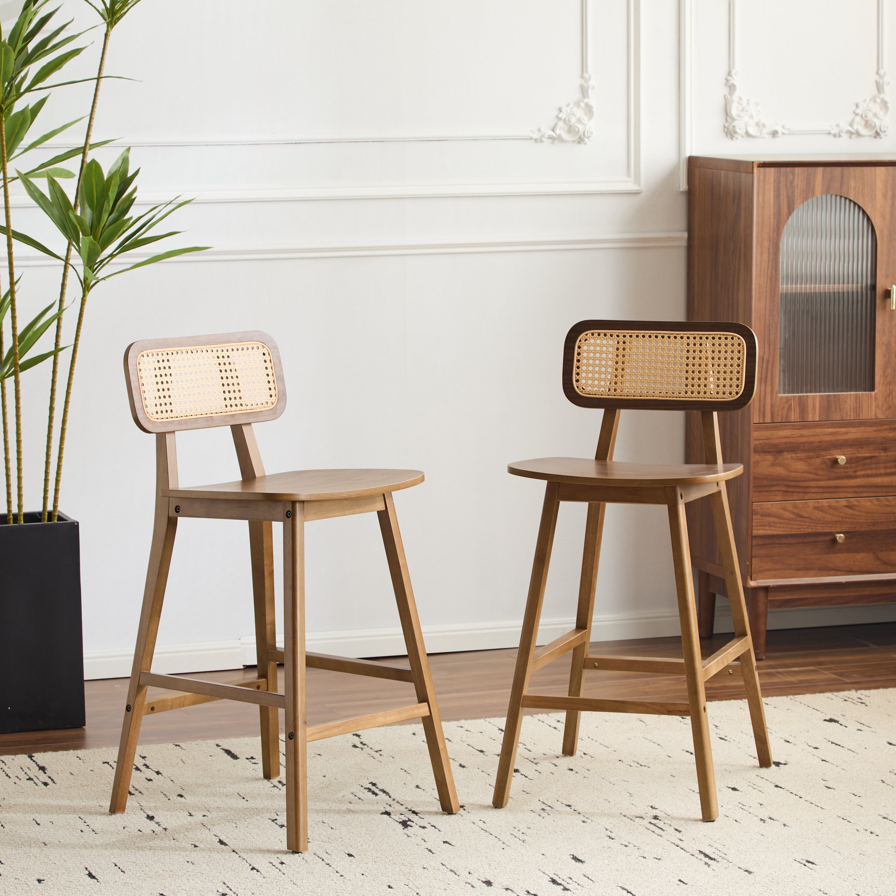 [variant:N897P439500W] Walnut Rattan Counter Stools – Set of 2 or 4 image 1