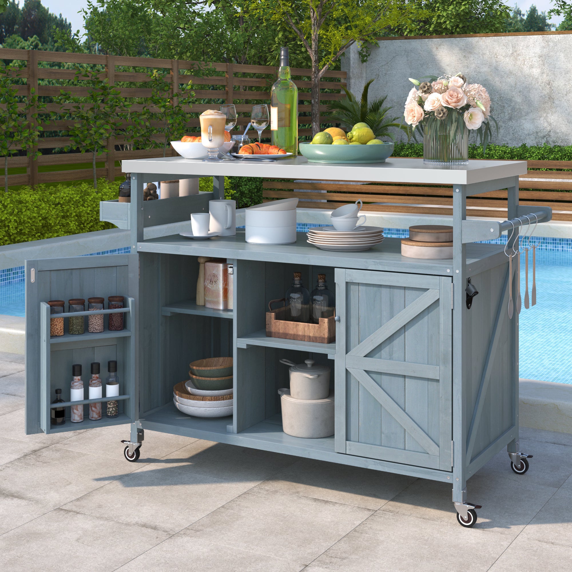 [variant:N853P386114G] Outdoor Grill Cart with Stainless Steel Top – Gray and Blue, 50.25-Inch image 1