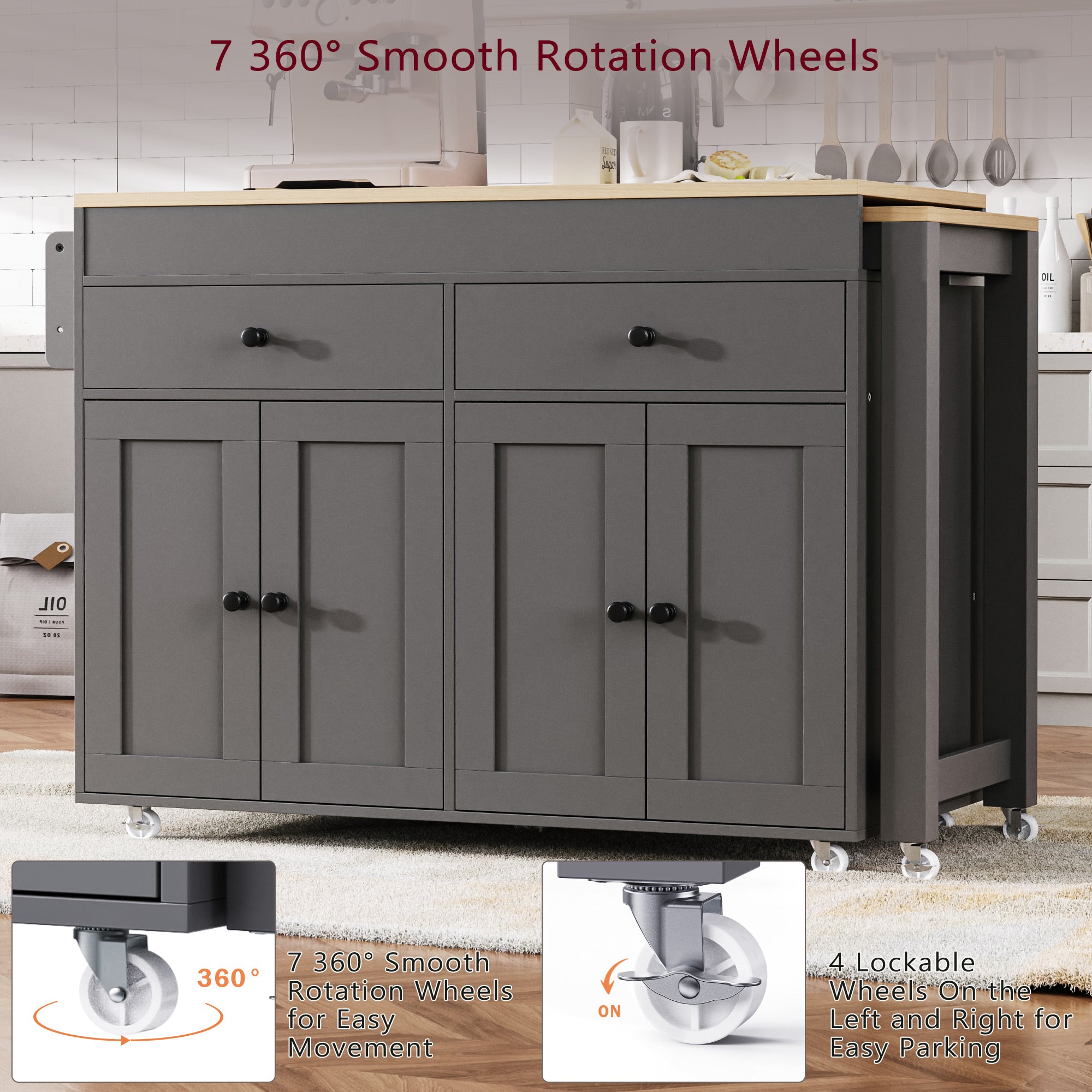 [variant:N853P386264G] Extendable Rolling Kitchen Island with Dining Table – Gray, 74.5-Inch image 22