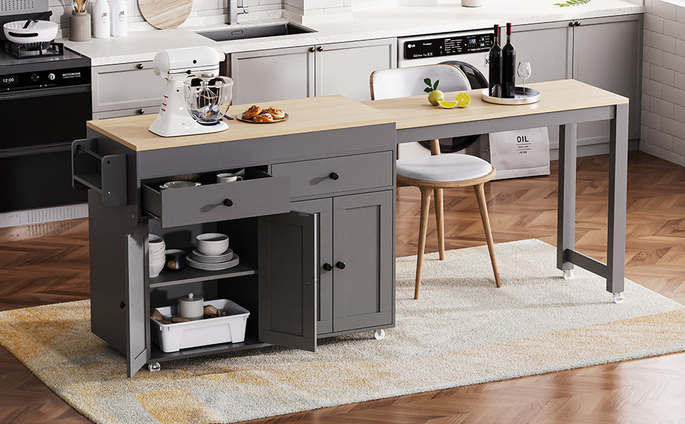 [variant:N853P386264G] Extendable Rolling Kitchen Island with Dining Table – Gray, 74.5-Inch image 8