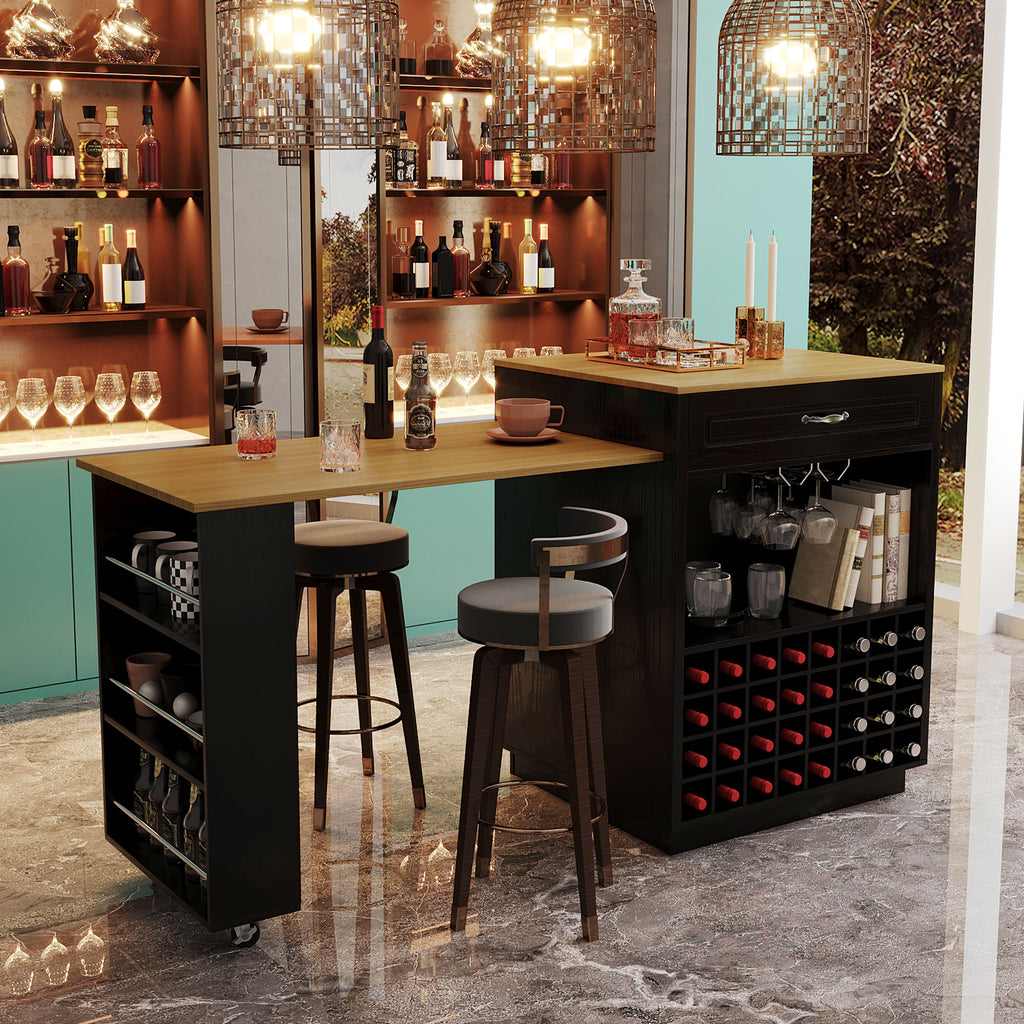 [variant:WT000008AAB] Extendable Bar Cabinet with Wine Rack & Stemware Holder – Black+Natural image 1