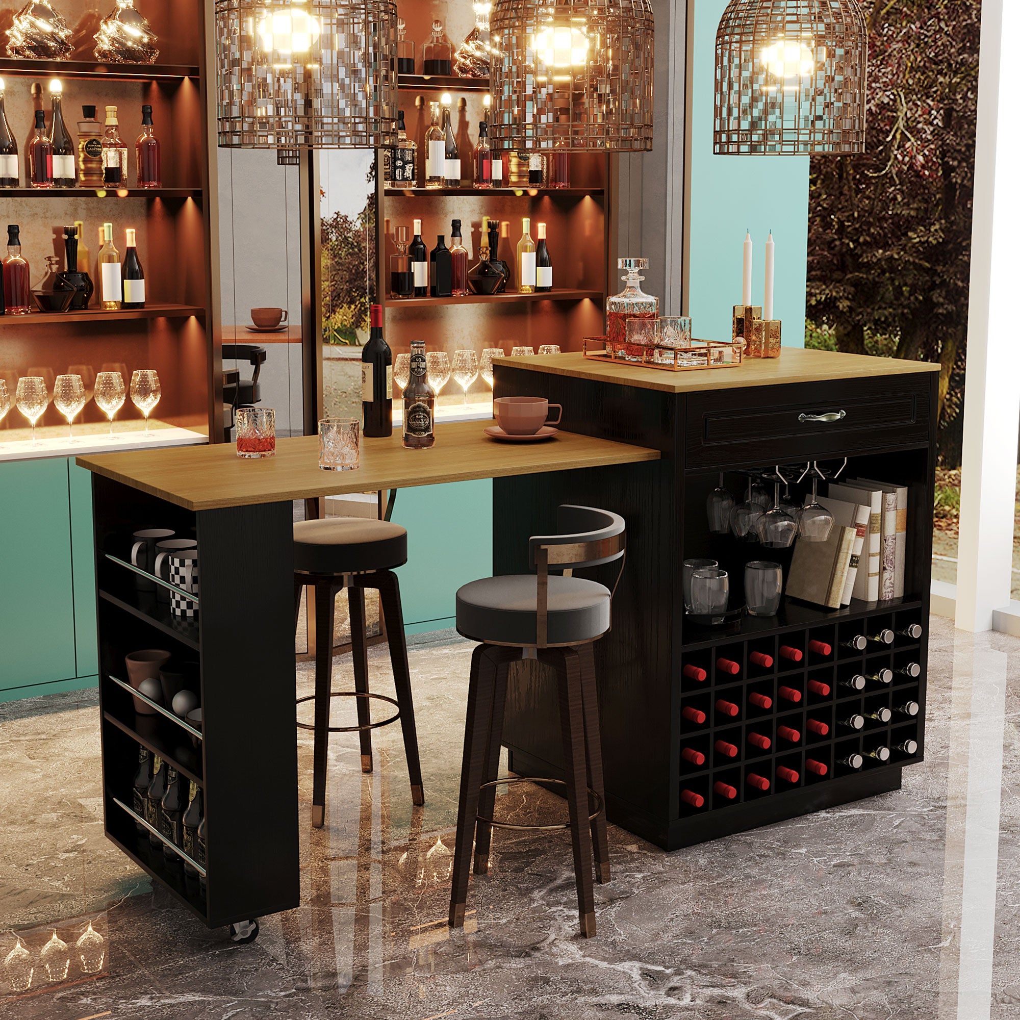 [variant:WT000008AAB] Extendable Bar Cabinet with Wine Rack & Stemware Holder – Black+Natural image 1