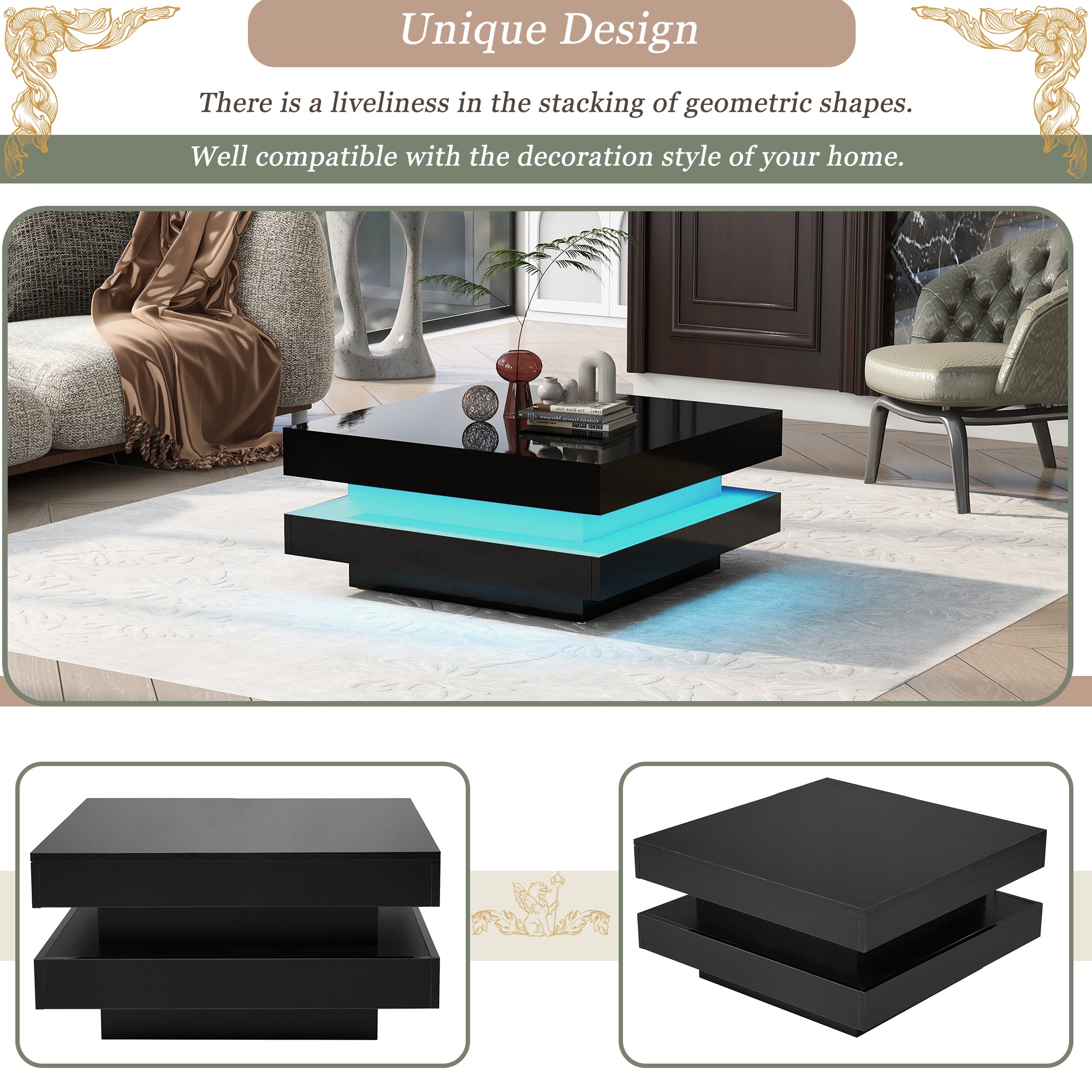 [variant:N892P423297B] Square High-Gloss LED Coffee Table with Rotating Top image 3