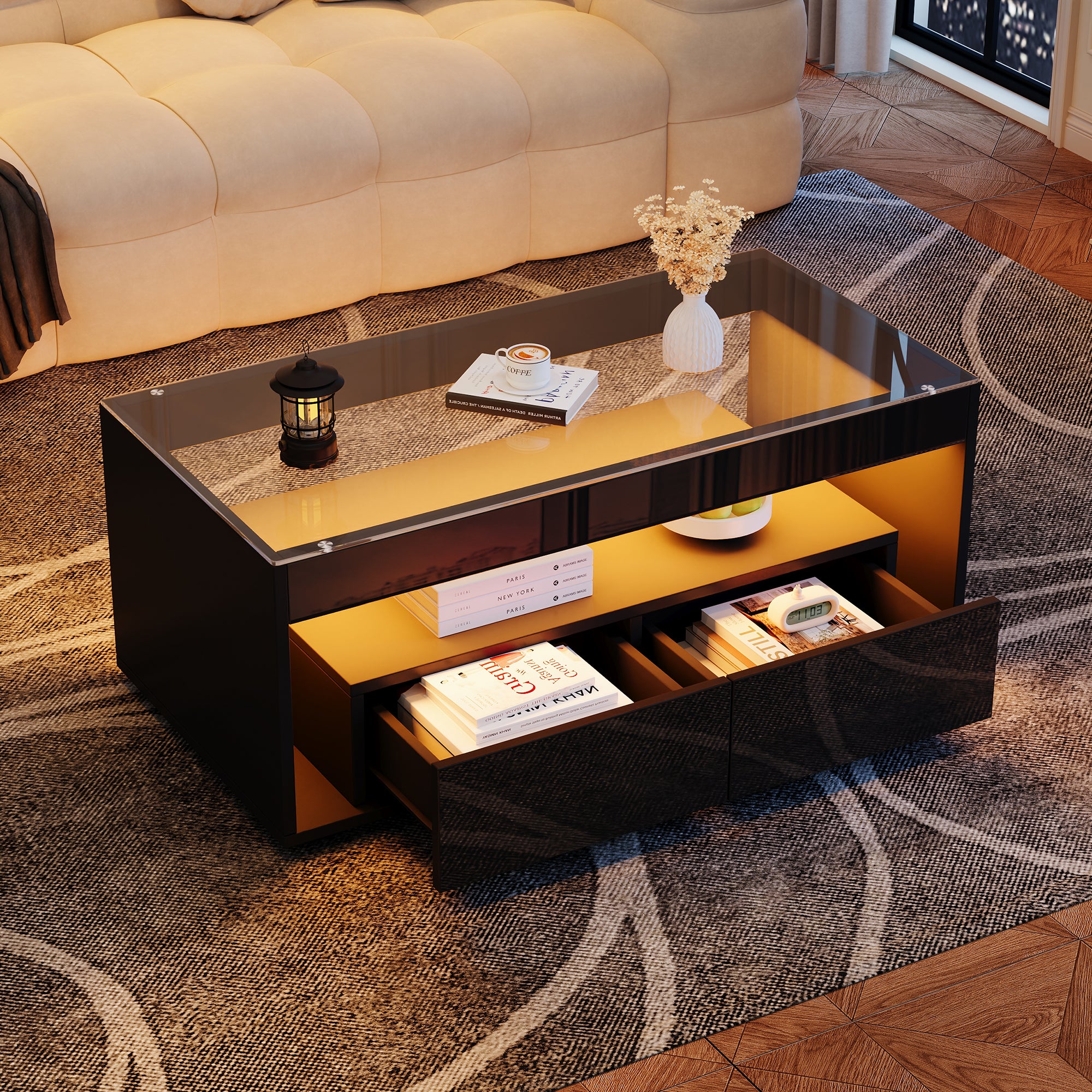 [variant:N892P428787B] High-Gloss LED Coffee Table with Glass Top and Drawers image 34