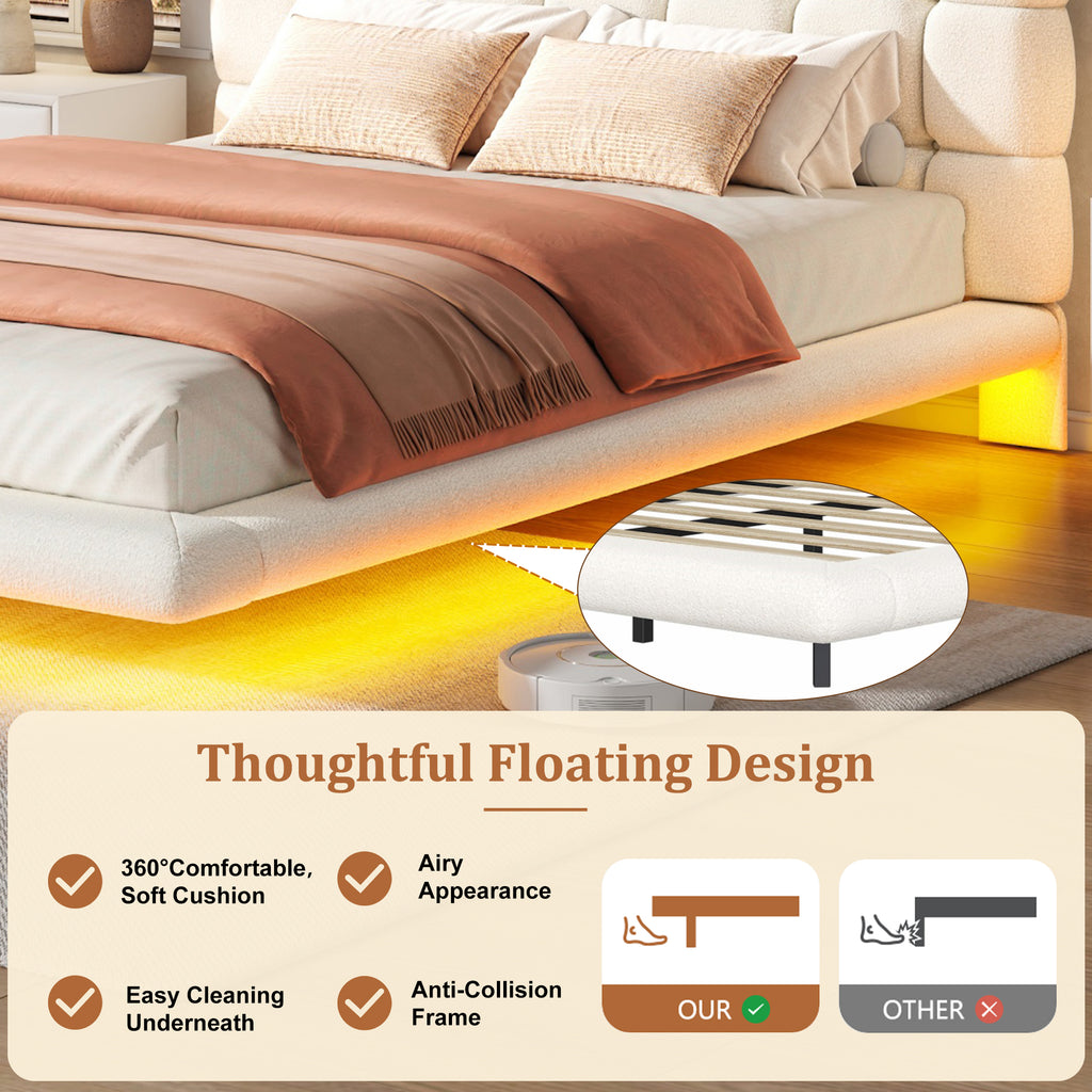 [variant:HS451577AAK] Queen LED Floating Bouclé Platform Bed – Cream White image 6