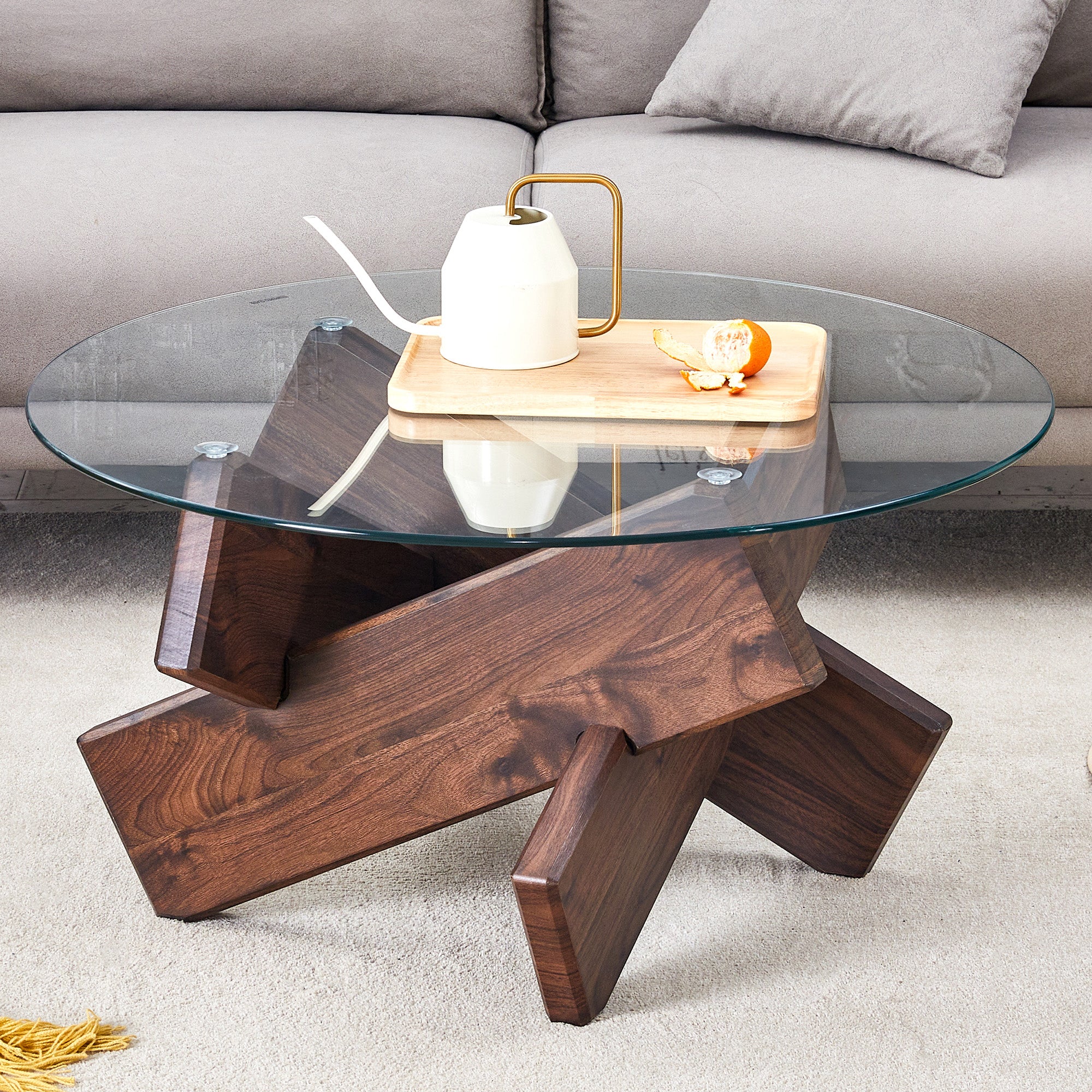 [variant:W3806P404749] Round Glass Coffee Table with Walnut-Finish Base – 33.4-Inch image 5