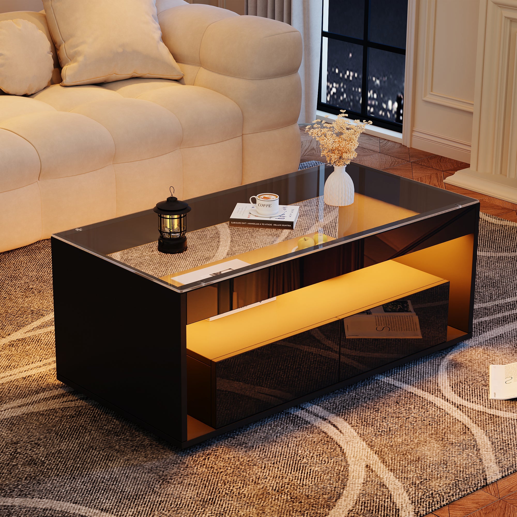 [variant:N892P428787B] High-Gloss LED Coffee Table with Glass Top and Drawers image 35