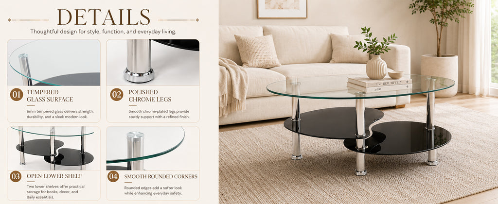 2-Tier Oval Tempered Glass Coffee Table — [variant:W3738P499151] Black,Transparent image 9