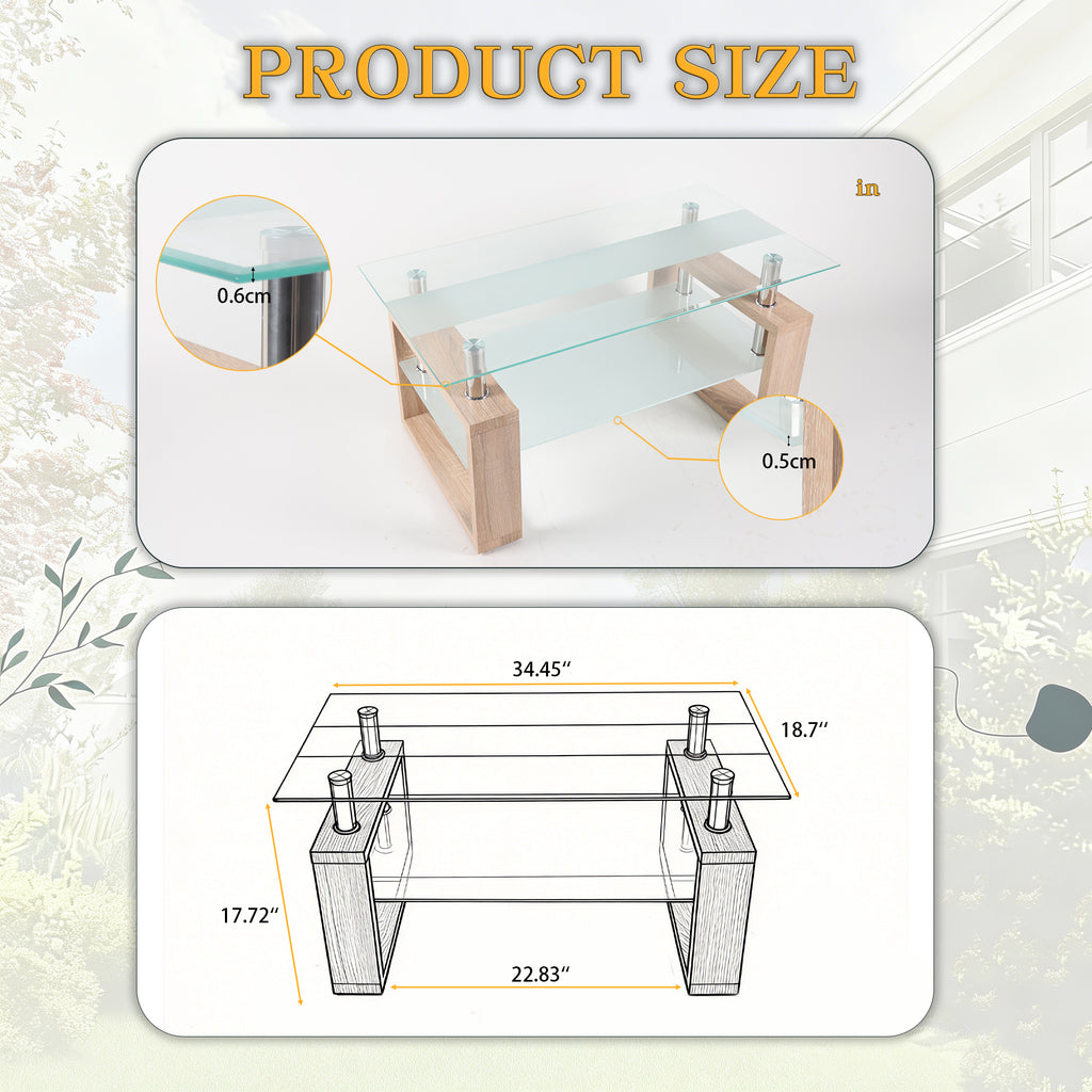 2-Tier Rectangular Tempered Glass Coffee Table — [variant:W3738P499156] Natural,Transparent image 6