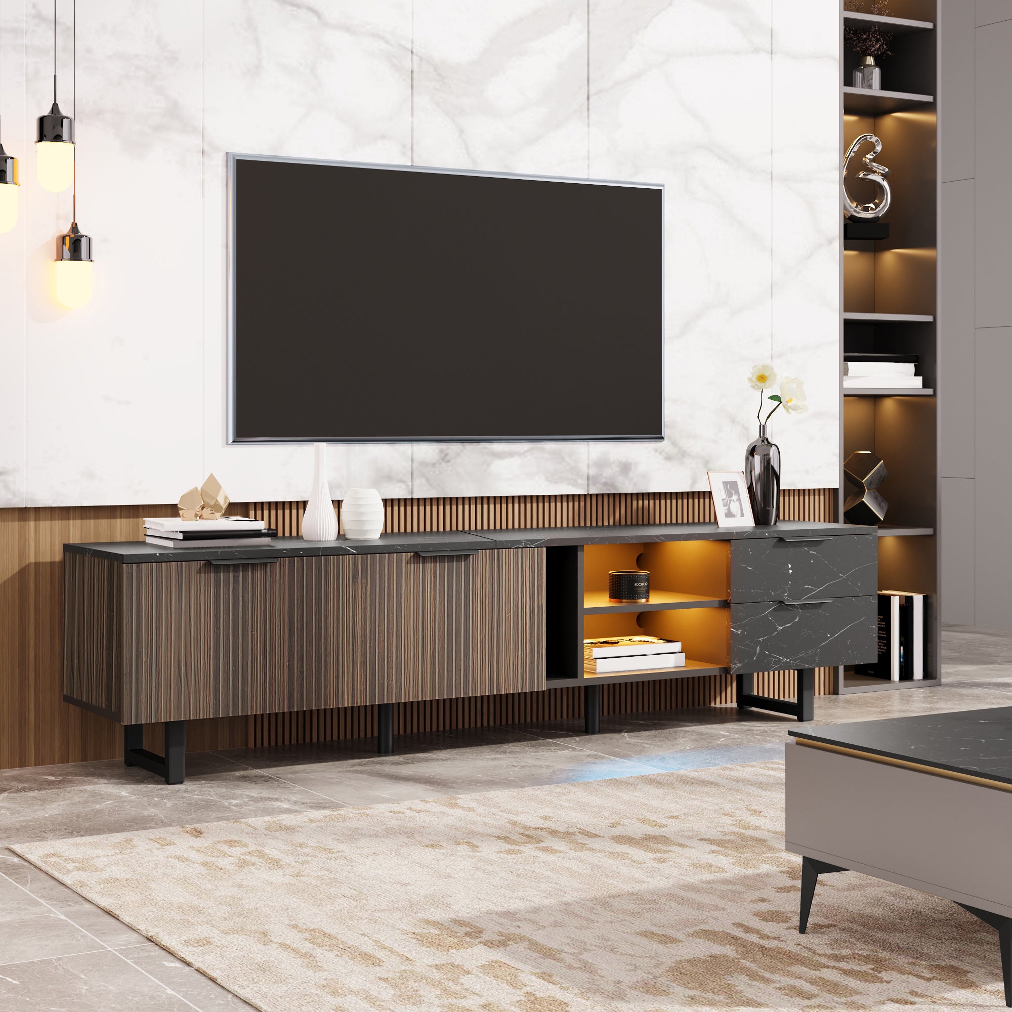 [variant:GA0010N] LED TV Stand with 2 Doors and 2 Drawers – Black Marble and Wood Grain image 14