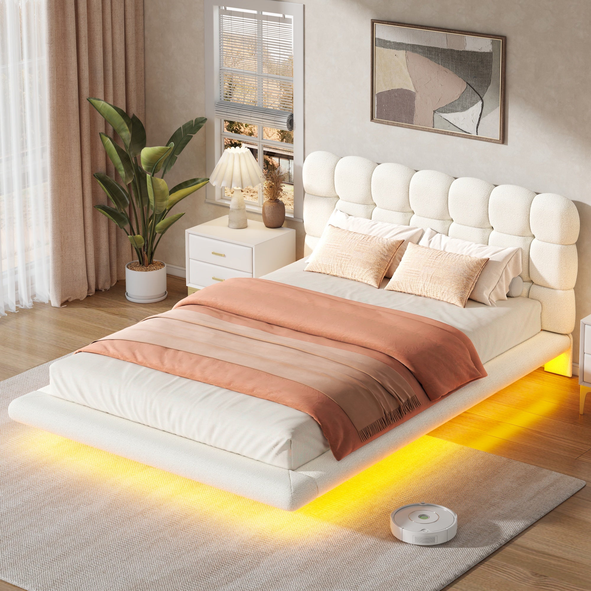 [variant:HS451577AAK] Queen LED Floating Bouclé Platform Bed – Cream White image 4