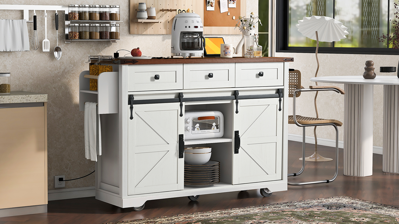 [variant:N853S379573W] Farmhouse Kitchen Island with Drop Leaf, Power Outlet and Sliding Barn Doors – 53.75-Inch image 49