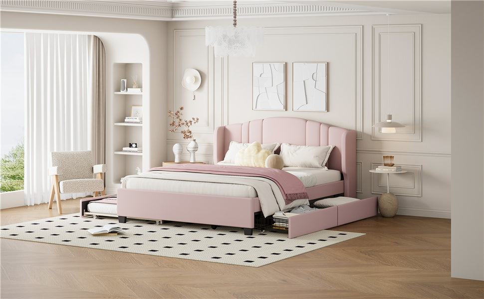 Queen Upholstered Wingback Bed with Twin Trundle & 2 Drawers — [variant:N854S427452H] Pink image 9