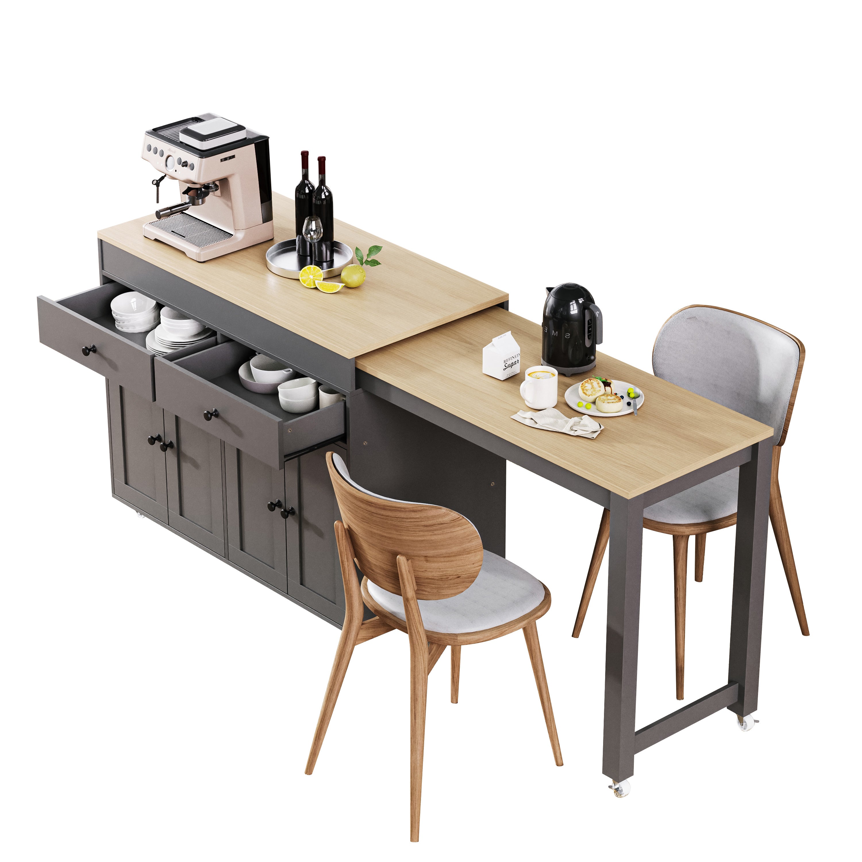 [variant:N853P386264G] Extendable Rolling Kitchen Island with Dining Table – Gray, 74.5-Inch image 26
