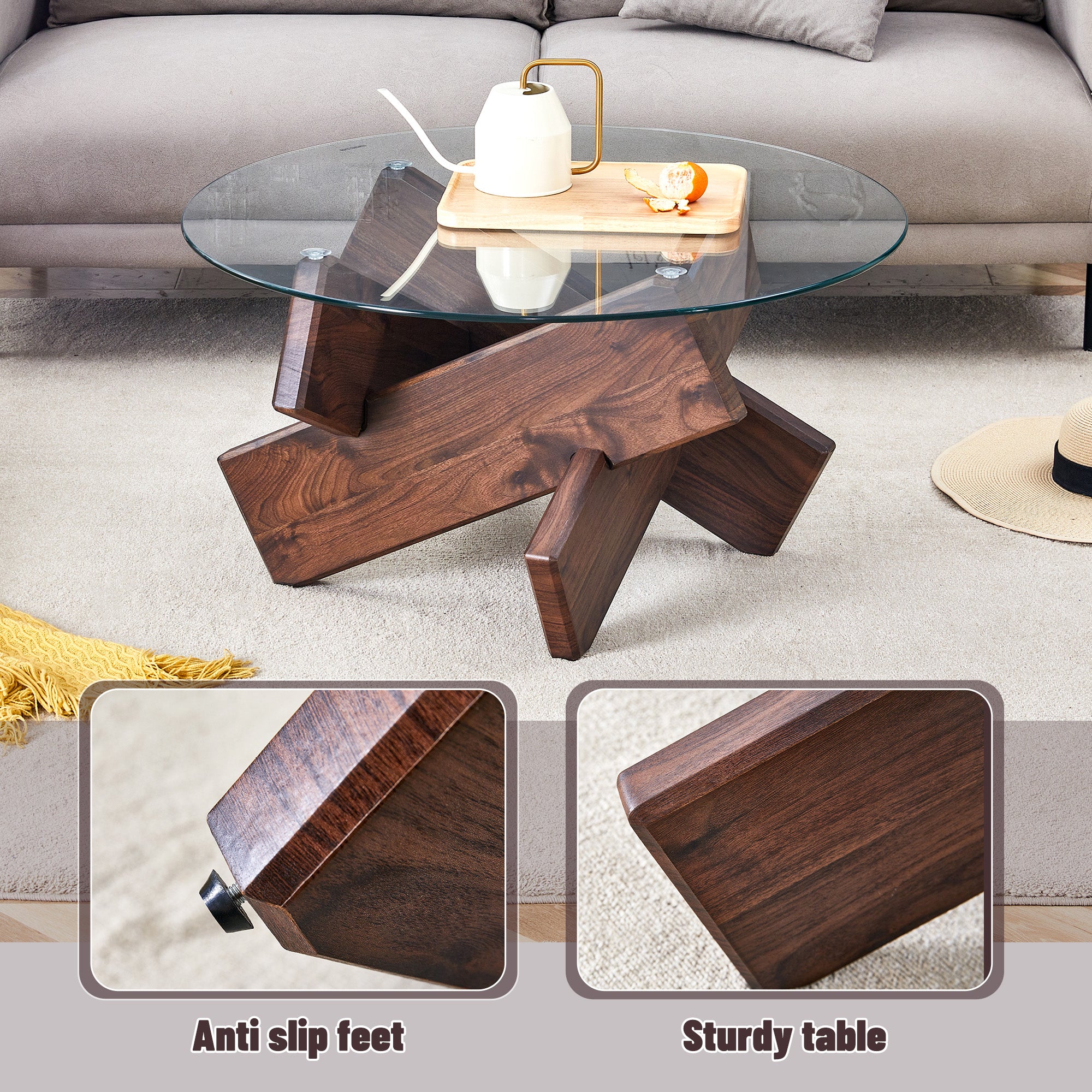 [variant:W3806P404749] Round Glass Coffee Table with Walnut-Finish Base – 33.4-Inch image 6