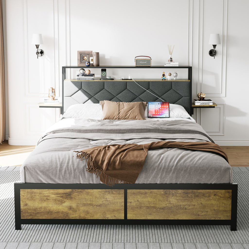 [variant:W5658P486993] Queen Metal Platform Bed with Storage Headboard & Charging Station image 1