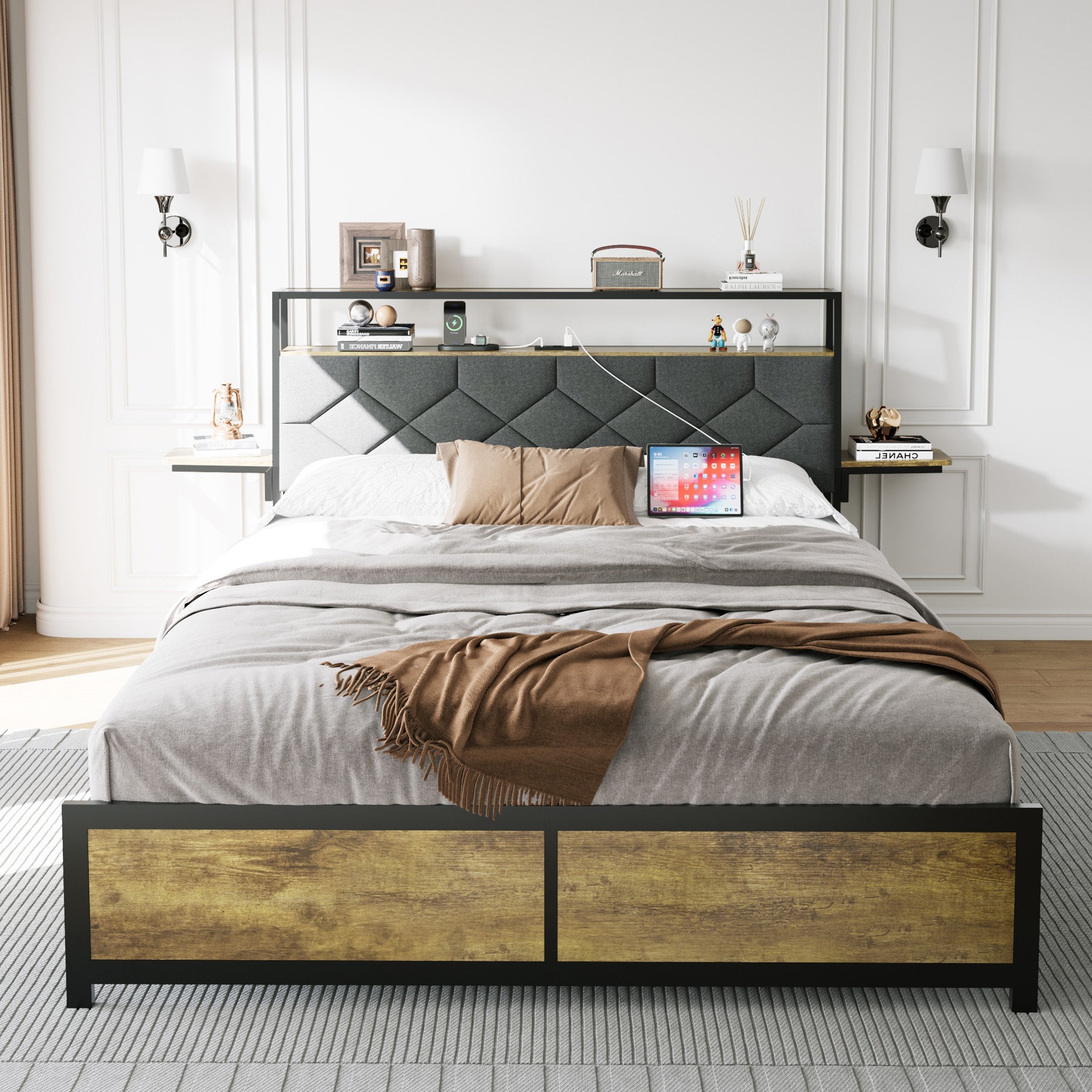 [variant:W5658P486993] Queen Metal Platform Bed with Storage Headboard & Charging Station image 1