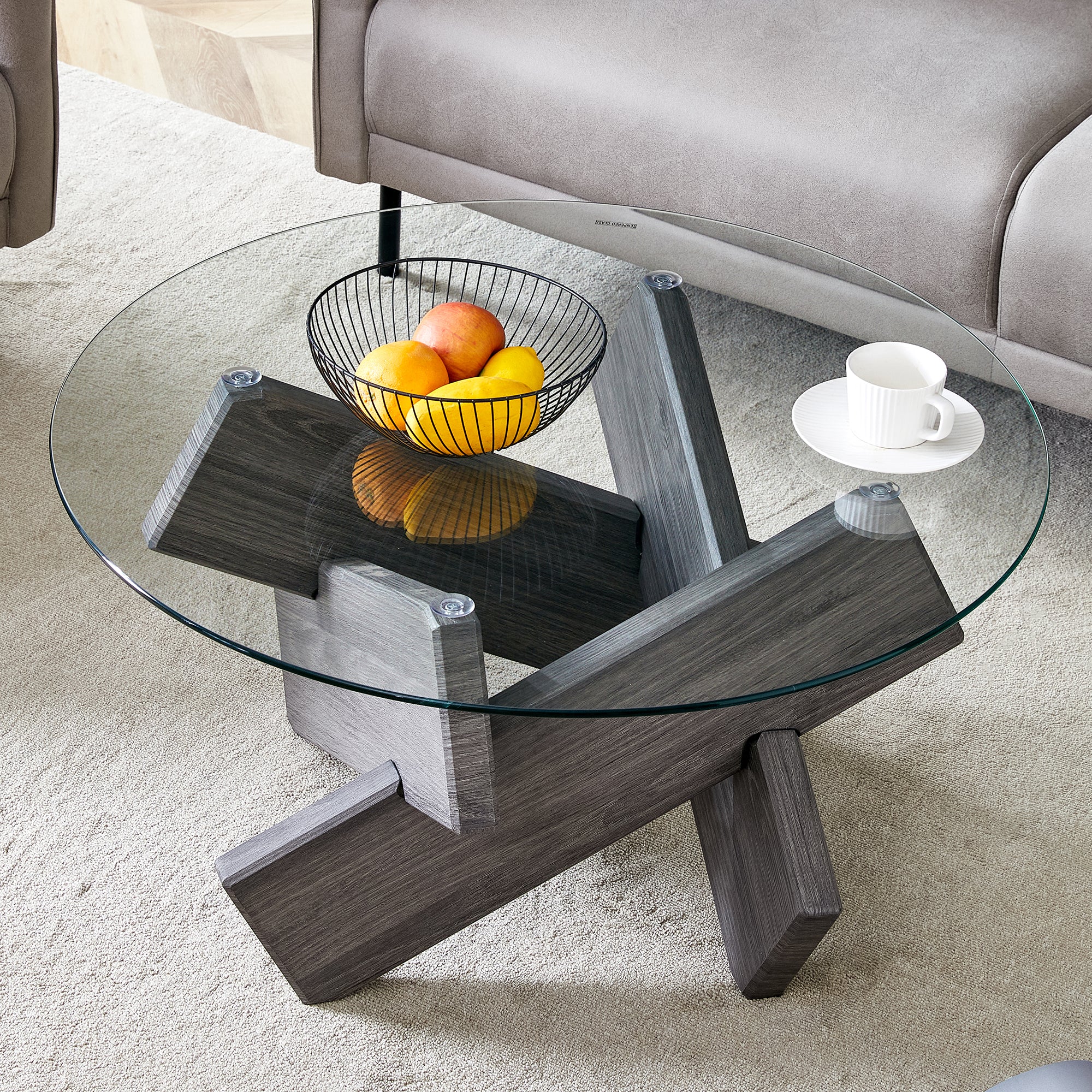 [variant:W3806P404748] Round Glass Coffee Table with Gray Patterned Base – 33.4-Inch image 2