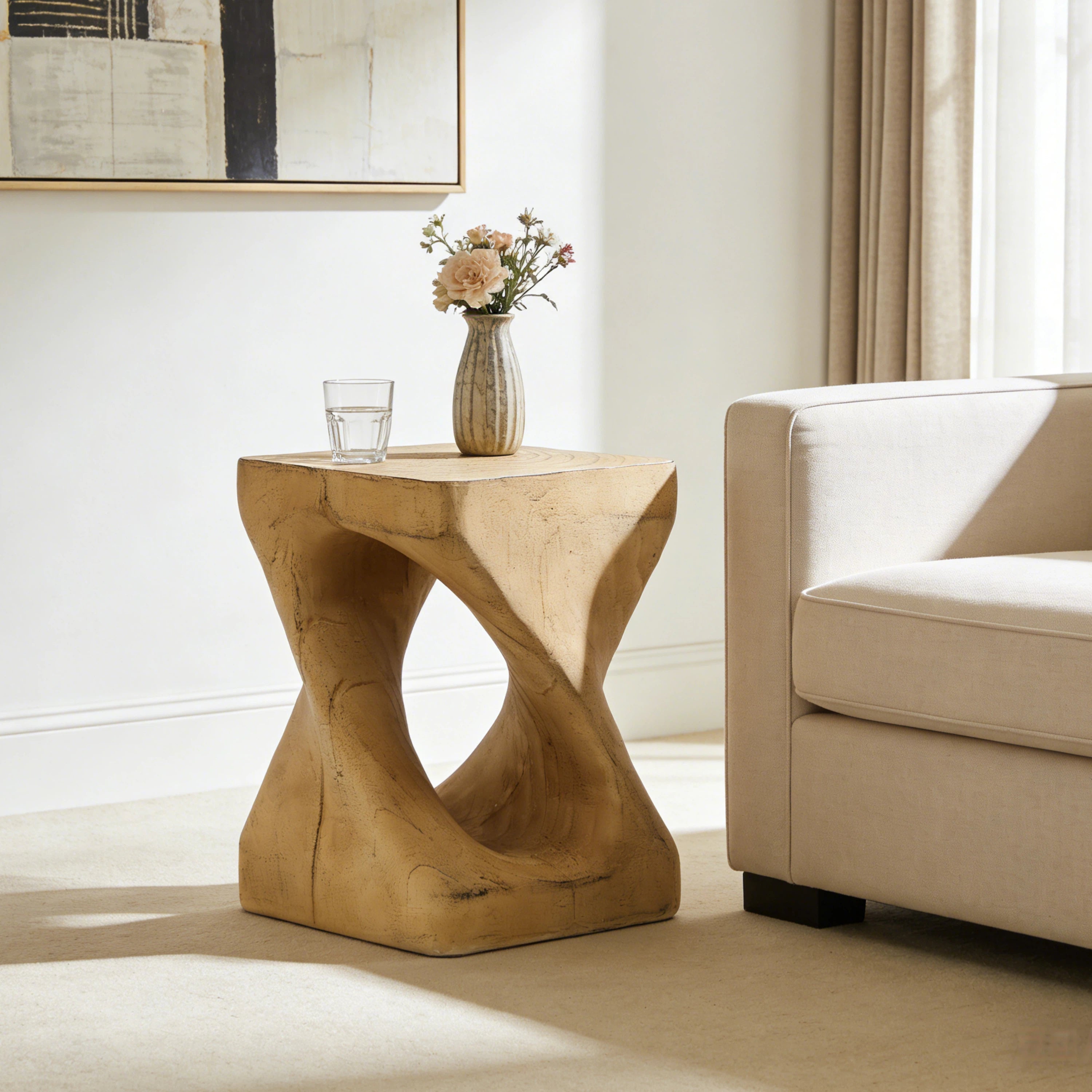 Twisted Wood-Look Indoor/Outdoor Side Table — [variant:N911P479287N] Natural image 4