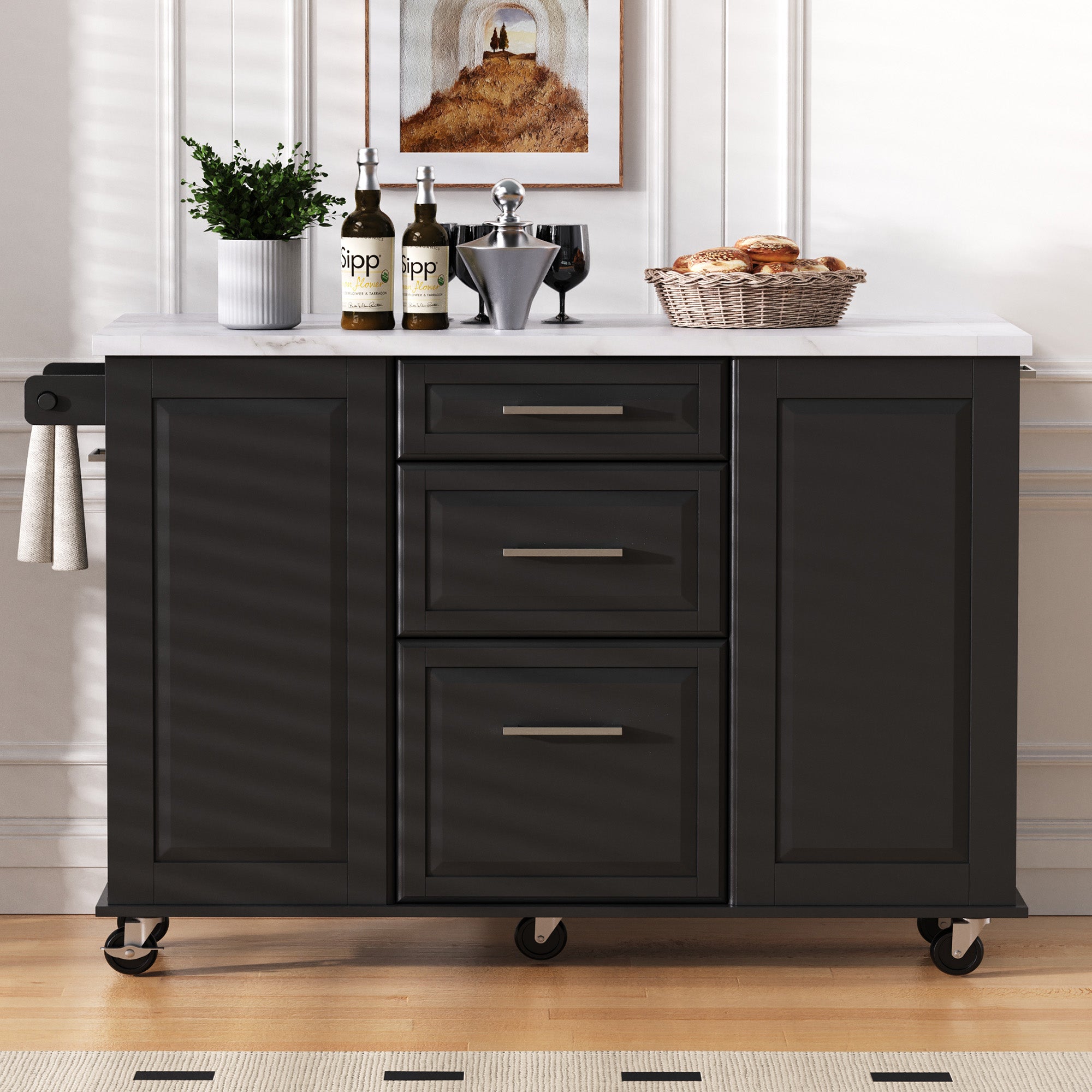 [variant:N853P390045B] Rolling Kitchen Island with Tilt-Out Trash Cabinet – Black, 50.7-Inch image 25