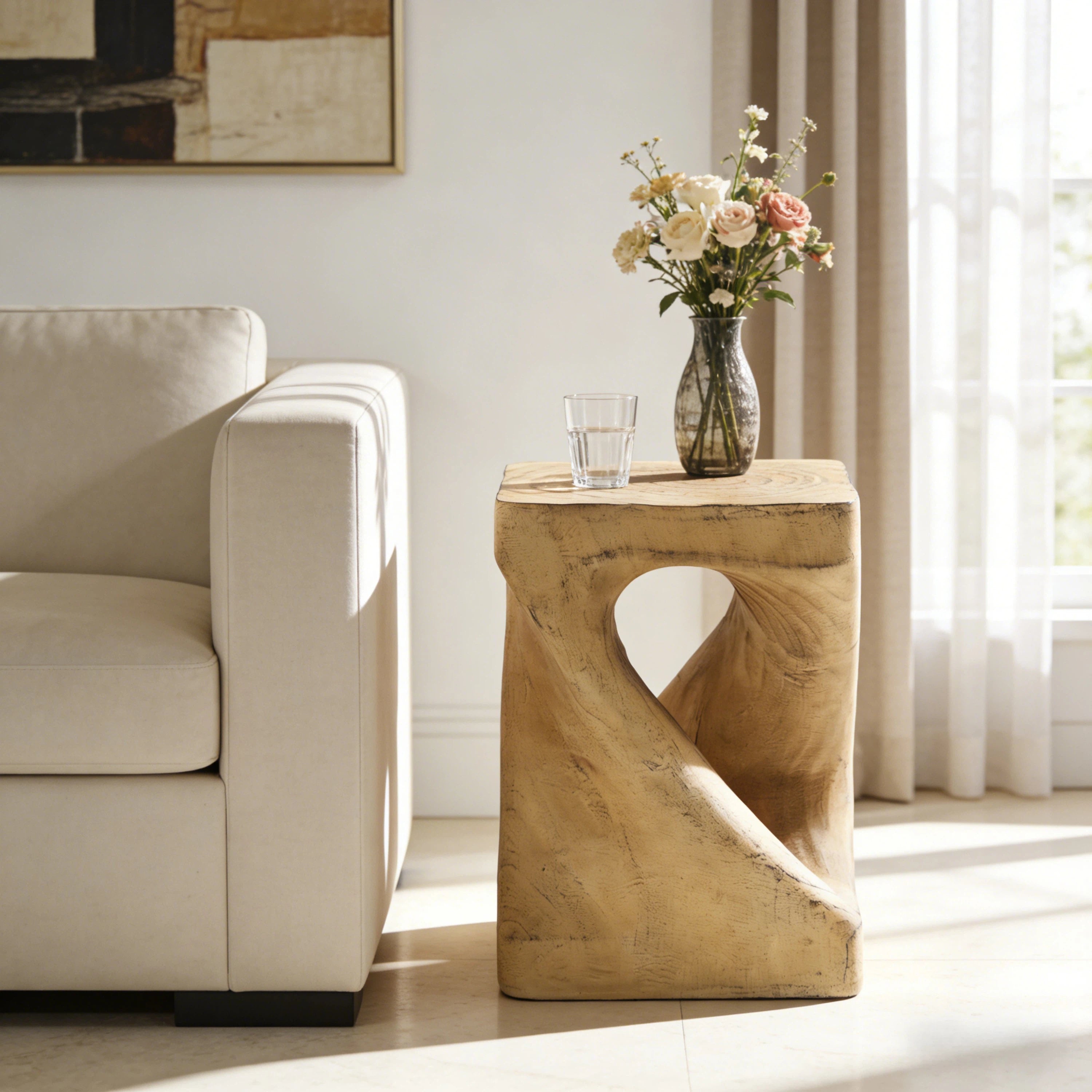 Twisted Wood-Look Indoor/Outdoor Side Table — [variant:N911P479287N] Natural image 3