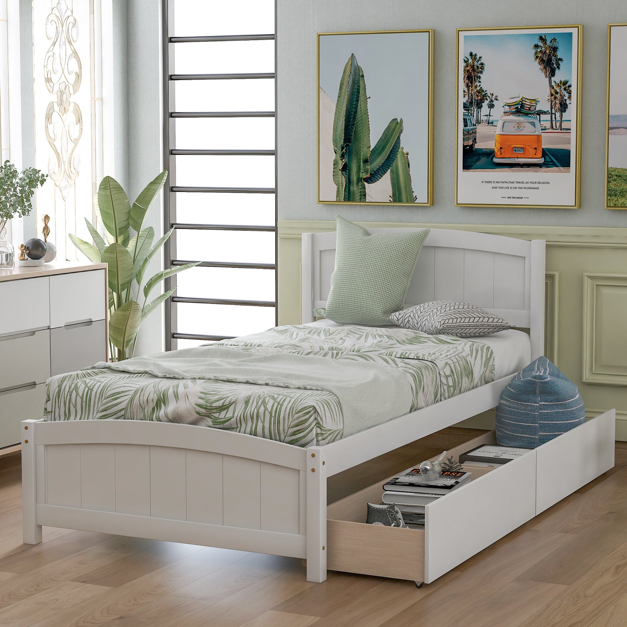 [variant:N850P475817K] Twin Platform Bed with 2 Storage Drawers – White image 1