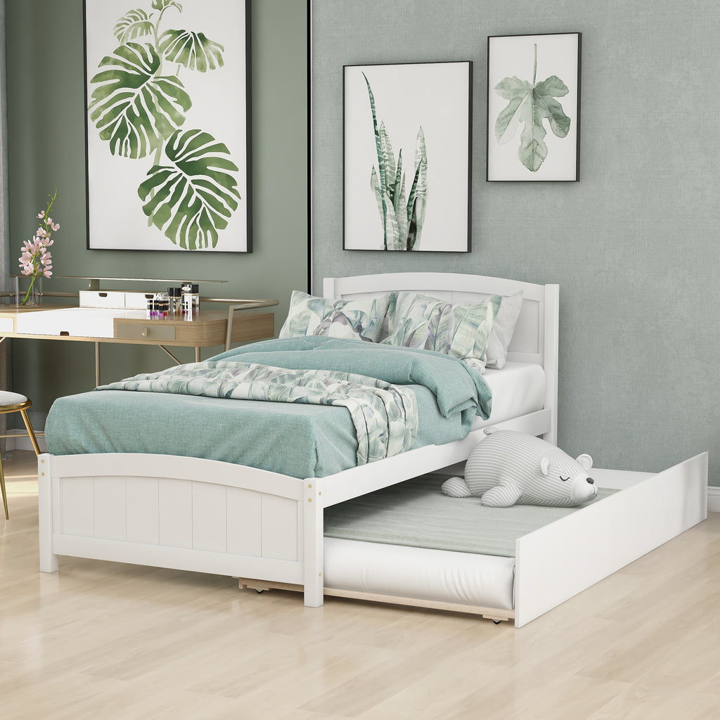 [variant:N850P475821K] Twin Platform Bed with Twin Trundle – White image 1