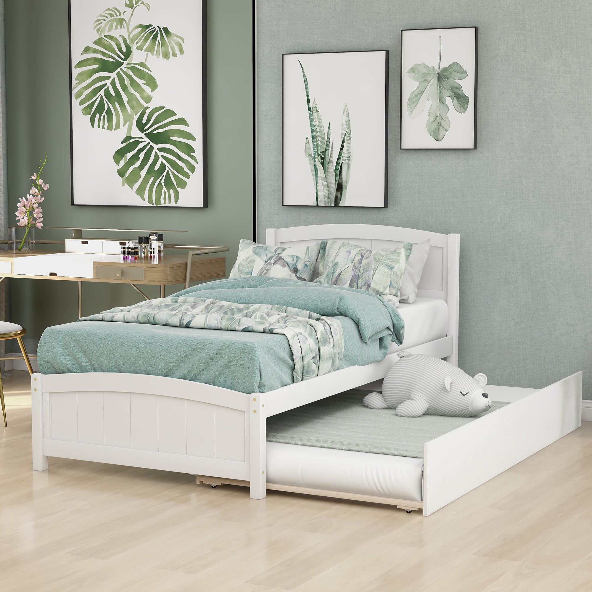 [variant:N850P475821K] Twin Platform Bed with Twin Trundle – White image 1