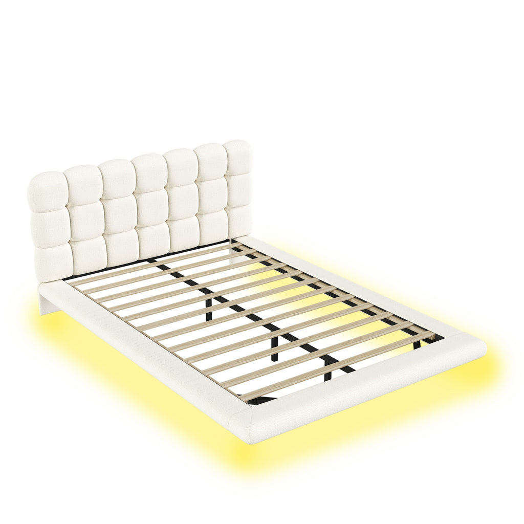 [variant:HS451577AAK] Queen LED Floating Bouclé Platform Bed – Cream White image 16